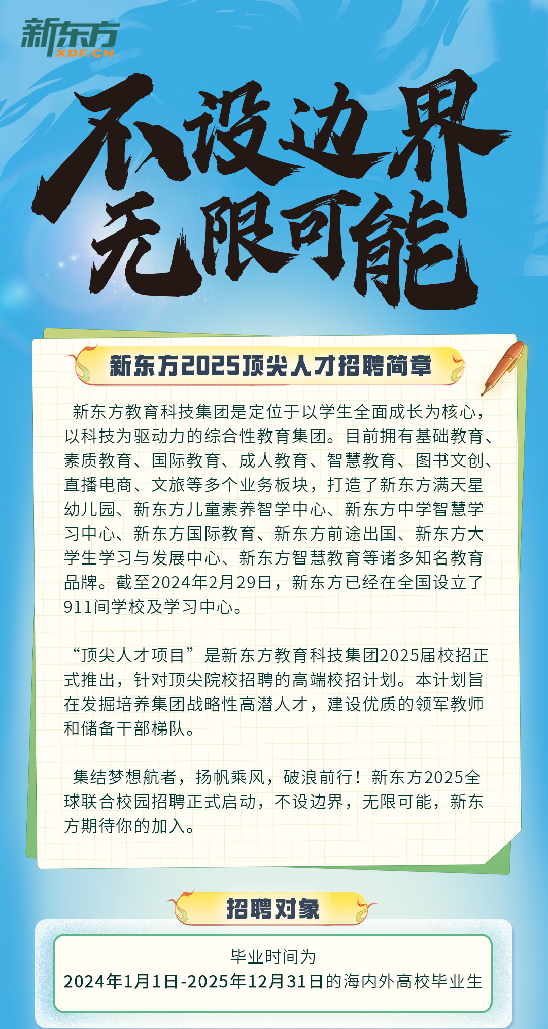 <p>新东方文DC</p>
<p>不设边界</p>
<p>无限可能</p>
<p>新东方2025顶尖人才招聘简章。</p>
<p>新东方教育科技集团是定位于以学生全面成长为核心,</p>
<p>以科技为驱动力的综合性教育集团。目前拥有基础教育、</p>
<p>素质教育、国际教育、成人教育、智慧教育、图书文创、</p>
<p>直播电商、文旅等多个业务板块,打造了新东方满天星</p>
<p>幼儿园、新东方儿童素养智学中心、新东方中学智慧学</p>
<p>习中心、新东方国际教育、新东方前途出国、新东方大</p>
<p>学生学习与发展中心、新东方智慧教育等诸多知名教育</p>
<p>品牌。截至2024年2月29日,新东方已经在全国设立了</p>
<p>911间学校及学习中心。</p>

<table>
<tr><td colspan="5"></td>
<td></td>
<td colspan="2"></td>
</tr>
<tr><td colspan="5"></td>
<td></td>
<td colspan="2"></td>
</tr>
<tr><td colspan="8">“顶尖人才项目”是新东方教育科技集团2025届校招正式推出,针对顶尖院校招聘的高端校招计划。本计划旨在发掘培养集团战略性高潜人才,建设优质的领军教师和储备干部梯队。</td>
</tr>
<tr><td colspan="2"></td>
<td></td>
<td colspan="3"></td>
<td colspan="2"></td>
</tr>
<tr><td></td>
<td colspan="5"></td>
<td colspan="2"></td>
</tr>
<tr><td colspan="8">集结梦想航者,扬帆乘风,破浪前行!新东方2025全球联合校园招聘正式启动,不设边界,无限可能,新东方期待你的加入。</td>
</tr>
<tr><td></td>
<td></td>
<td></td>
<td></td>
<td></td>
<td></td>
<td></td>
<td></td>
</tr>
<tr><td colspan="8">S 招聘对象 y</td>
</tr>
<tr><td colspan="8"></td>
</tr>
<tr><td colspan="7">毕业时间为2024年1月1日-2025年12月31日的海内外高校毕业生</td>
<td></td>
</tr>
</table>
