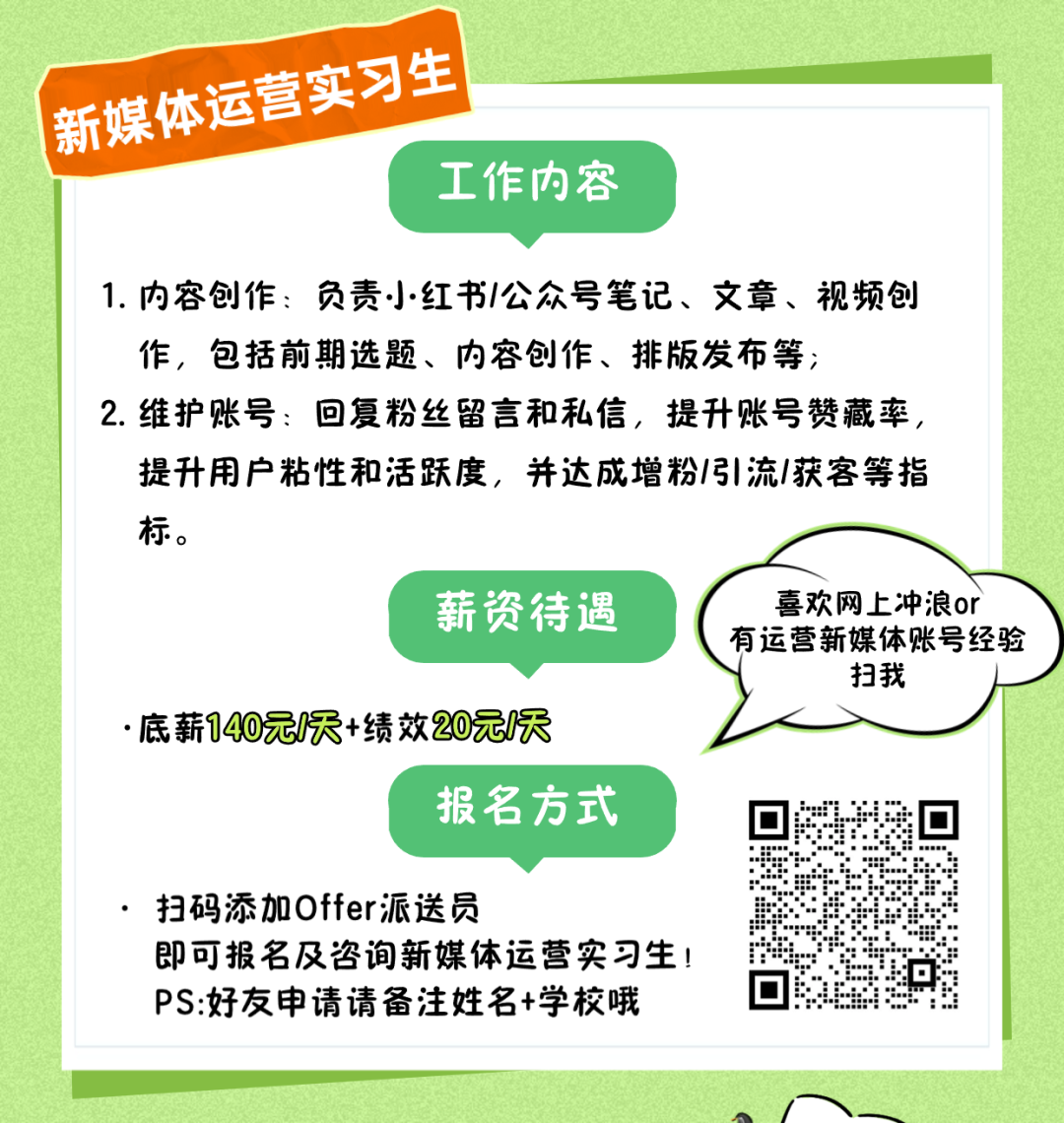 <p>新保体运营实习生</p>
<p>工作内容</p>
<p>1.内容创作:负责小红书/公众号笔记、文章、视频创</p>
<p>作,包括前期选题、内容创作、排版发布等;</p>
<p>2.维护账号:回复粉丝留言和私信,提升账号赞藏率,</p>
<p>提升用户粘性和活跃度,并达成增粉/引流/获客等指</p>
<p>标。</p>
<p>薪资待遇喜欢网上冲浪or</p>
<p>有运营新媒体账号经验</p>
<p>扫我</p>
<p>.底薪140元/天+绩效20元天</p>
<p>报名方式</p>
<p>. . 扫码添加Offer派送员</p>
<p>即可报名及咨询新媒体运营实习生!</p>
<p>PS:好友申请请备注姓名+学校哦</p>
