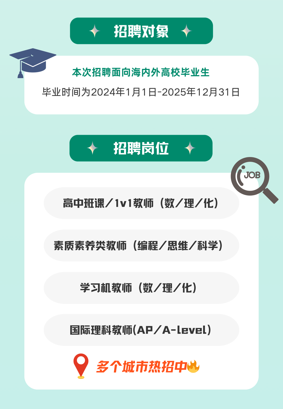 <p>招聘对象</p>
<p>本次招聘面向海内外高校毕业生</p>
<p>毕业时间为2024年1月1日-2025年12月31日</p>
<p>招聘岗位</p>
<p>\' JOB</p>
<p>高中班课/ 1v1教师(数/理/化)</p>
<p>素质素养类教师(编程/思维/科学)</p>
<p>学习机教师(数/理/化)</p>
<p>国际理科教师(AP / A-level)</p>
<p>多个城市热招中以</p>
