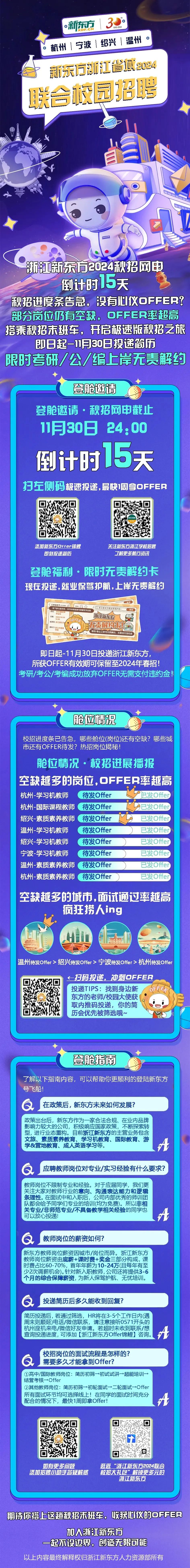 <p>s0</p>
<p>3<br/>.新东方</p>
<p>1992-2023</p>
<p>F.CN</p>
<p>温州<br/>杭州宁波绍兴</p>
<p>0</p>
<p>新东方湖江省域024<br/>联合校园招聘</p>
<p>浙江新东方2024秋招网电<br/>倒计时15天</p>
<p>秋招进度条告急，没有川仪oFFEP?<br/>部分岗位1仍有空缺，OFFEP超高<br/>搭乘秋招末班车，开启极速版秋招之旅<br/>即日起-11月30日投通筒历</p>
<p>限时考研/公/编上岸无责解约</p>
<p>登舱邀请</p>
<p>登舱邀请·秋招网申截止<br/>11月30日 24:00<br/>倒计时15天</p>
<p>扫左侧码极速投递,最快1周享OFFER</p>
<p>添加新东方offer锦鲤<br/>即刻投递简历</p>
<p>关注新东方浙江学校招聘</p>
<p>了解更多航行资讯</p>
<p>2</p>
<p>登舱福利.限时无责解约卡<br/>现在投递，就业保驾护航,上岸无责解约</p>
<p>订单信息ese:<br/>线下参与宣讲会，OFFER有效期可保留至毕业<br/>...<br/>(浙江新东方就业保驾护</p>
<p>姓名:2024届全1</p>
<p>浙江新东坊</p>
<p> </p>
<p>日期<br/>2023/10/30<br/>FFE</p>
<p>碛解约</p>
<p>4.00</p>
<p>航班号:浙江新东</p>
<p>机口<br/>浙江外風</p>
<p>学</p>
<p>考研/考公上岸可无责解约，无需支付违约金</p>
<p>即日起-11月30日投递浙江新东方，</p>
<p>所获OFFER有效期可保留至2024年春招!</p>
<p>考研/考公/考编成功放弃OFFER无需支付违约金!</p>
<p>舱位情况</p>
<p>校招进度条已告急，<br/>哪些舱位(岗位)还有空缺?哪些城<br/>市还有OFFER待发?<br/>热招岗位揭秘!</p>
<p>-</p>
<p>舱位情况·校招进展播报<br/>空缺越多的岗位,OFFER率越高<br/>杭州-学习机教师<br/>待发Offer</p>
<p>已发Offer</p>
<p>杭州-国际课程教师待发Offer</p>
<p>已发Offei</p>
<p>绍兴-素质素养教师待发Offer</p>
<p>已发Offer</p>
<p>温州-学习机教师</p>
<p>待发Offer</p>
<p>已发Offe</p>
<p>绍兴-学习机教师</p>
<p>待发Offer</p>
<p>已发Offer</p>
<p>宁波-学习机教师</p>
<p>待发Offer</p>
<p>已发Offer</p>
<p>温州-素质素养教师待发Offer</p>
<p>已发Offe</p>
<p>杭州-素质素养教师待发Offer</p>
<p>已发Offe</p>
<p>空缺越多的城市，面试通过率越高</p>
<p>疯狂捞人ing</p>
<p> </p>
<p>温州待发Offer>绍兴待发Offer>宁波待发Offer>杭州待发Offer</p>
<p>一扫码投递，冲刺OFFER</p>
<p>投递TIPS:找到身边新<br/>OFFEA<br/>东方的老师/校园大使获</p>
<p>取内推码投递，你的简</p>
<p>历会优先被选哦~</p>
<p>登舱指南</p>
<p>了解以下指南内容，可以帮助你更顺利的登陆新东方<br/>号飞船!</p>
<p>在政策后，新东方未来如何发展?</p>
<p>政策出台后，新东方作为一家合法合规、在业内品牌<br/>影响力较大的公司，积极响应国家政策，不断探索转<br/>型，进行业态重构。目前浙江新东方的主营业务包含<br/>文旅、素质素养教育、学习机教育、国际教育、游<br/>学&营地教育、成人英语学习等。</p>
<p>应聘教师岗位对专业/实习经验有什么要求?<br/>教师岗位不限制专业和经验。对于应届同学，我们更</p>
<p>关注大家对教师行业的意向、沟通表达能力和逻辑<br/>条理性。在面试中和入职后，公司内部优秀的师训才团<br/>队都会给予同学们专业的培训(均为免费)。所以非相<br/>关专业/非师范专业/不具备教学相关经验的同学也<br/>可以放心投递!</p>
<p>教师岗位的薪资如何?</p>
<p>新东方教师岗位薪资因城市/岗位而异。浙江新东方<br/>教师岗位薪资由底薪+课时费+奖金三部分构成，课<br/>时费占比60-70%，首年年薪为10-24万(且每年有至<br/>少2次调薪机会)。针对新入职教师,公司还将提供3-6<br/>个月的综合保障薪资，为新人保驾护航、无忧培训。</p>
<p>投递简历后多久能收到回复?</p>
<p>简历投递后，若通过筛选，HR将在3-5个工作日内(遇</p>
<p>周末则顺延)电话/微信联系，请注意接听0571开头的</p>
<p>杭州座机来电/微信好友申请。若超时未收到联系/想<br/>查询投递进度，可添加[浙江新东方Offer锦鲤]咨询。<br/> </p>
<p>校招岗位的面试流程是怎样的?<br/>需要多久才能拿到Offer?</p>
<p>①高中/国际教师岗位:简历初筛→初试试讲→超能培训→<br/>结营考核→Offer</p>
<p>②其他教师岗位:简历初筛→初轮面试→二轮面试→Offer<br/>所有面试环节均可选择线上!在同学的面试时间充分<br/>配合的情况下，最快1周即拿Offer!</p>
<p>如有更多问题</p>
<p>添加招聘小助手答疑解惑</p>
<p>逛逛“浙江新东方2024联合<br/>校招大礼包”解锁更多元的</p>
<p>浙江新东方</p>
<p>期待你搭上这趟秋招末班车，收获叫仪的oFFER</p>
<p>加人浙江新东方</p>
<p>一起不设边界，创造无限可能</p>
<p>以上内容最终解释权归浙江新东方人力资源部所有</p>

