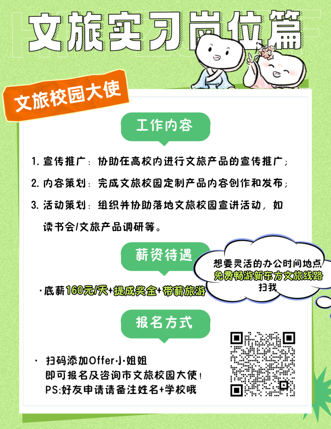 
<table>
<tr><td>文旅实习岗位篇</td>
<td></td>
<td>飞飞飞</td>
<td>E证</td>
</tr>
<tr><td colspan="4">iI文旅校园大使工作内容1.宣传推广:协助在高校内进行文旅产品的宣传推广;2.内容策划:完成文旅校园定制产品内容创作和发布;3.活动策划:组织并协助落地文旅校园宣讲活动,如读书会/文旅产品调研等。薪资待遇想要灵活的办公时间地点兔费畅游新东方文旅线路.底薪160元/天+提成奖金+带薪旅游 扫我报名方式6 0。一 军扫码添加Offer小姐姐”即可报名及咨询市文旅校园大使!PS:好友申请请备注姓名+学校哦 回. ☐</td>
</tr>
<tr><td colspan="4"></td>
</tr>
</table>
