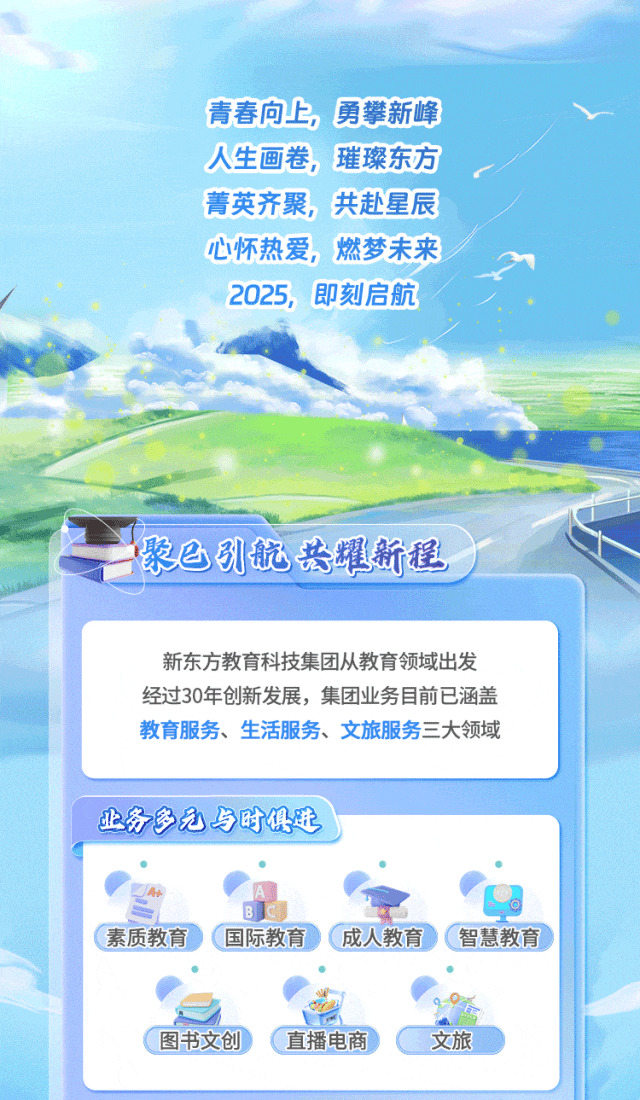 
<table>
<tr><td>青春向上,勇攀新峰</td>
<td></td>
<td></td>
</tr>
<tr><td colspan="3">人生画卷, 璀璨东方菁英齐聚, 共赴星辰心怀热爱,燃梦未来 ”2025, 即刻启航</td>
</tr>
<tr><td colspan="3">。一聚已列航共耀新程</td>
</tr>
<tr><td colspan="3">新东方教育科技集团从教育领域出发经过30年创新发展,集团业务目前已涵盖教育服务、生活服务、文旅服务三大领域</td>
</tr>
<tr><td colspan="3">业务多元与时俱造   . . ( .B 全 Q</td>
</tr>
<tr><td colspan="3">素质教育(国际教育(成人教育(智慧教育</td>
</tr>
<tr><td colspan="3">. .一 有 9图书文创 (直播电商 文旅</td>
</tr>
</table>
