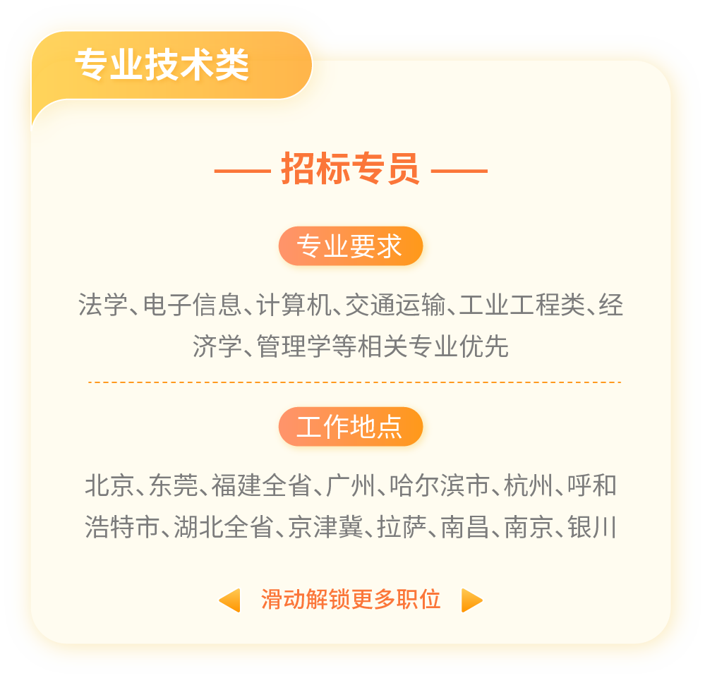 <p>专业技术类</p>
<p>一招标专员一</p>
<p>专业要求</p>
<p>法学、电子信息、计算机、交通运输、工业工程类、经</p>
<p>济学、管理学等相关专业优先</p>
<p>( 工作地点</p>
<p>北京、东莞、福建全省、广州、哈尔滨市、杭州、呼和</p>
<p>浩特市、湖北全省、京津冀、拉萨、南昌、南京、银川</p>
<p>滑动解锁更多职位</p>
