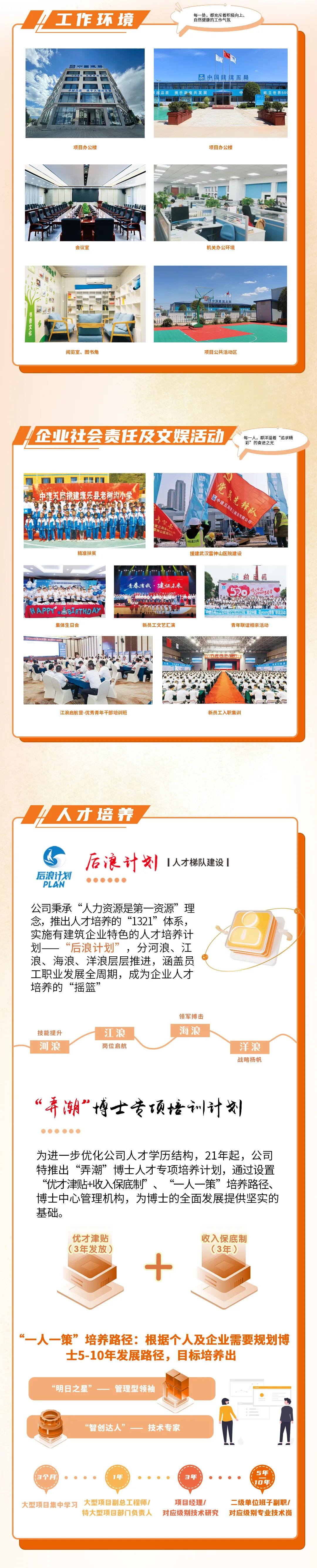 <p>工作环境</p>
<p>每一处，都充斥着积极向上、<br/>自然健康的工作气氛</p>
<p>E<br/>中国建璃五局</p>
<p>越品质 携手湖南共发展</p>
<p>的立世界50</p>
<p>项目办公楼</p>
<p>项目办公楼</p>
<p>会议室</p>
<p>机关办公环境</p>
<p>4</p>
<p>阅览室、图书角</p>
<p>项目公共活动区</p>
<p>企业社会责任及文娱活动</p>
<p>每一人，都洋溢着“追求精<br/>彩”的奋进之光</p>
<p>中建五局捐建康乐县老树沟小学</p>
<p>精准扶贫</p>
<p>建三局基。</p>
<p>肾神山医院场</p>
<p> </p>
<p>中</p>
<p>党员光锋队<br/> </p>
<p>中建五局第三建设有限公司</p>
<p>中8园三公司</p>
<p>援建武汉雷神山医院建设</p>
<p>青春有我·建证未来</p>
<p>因<br/>520<br/>情浩g春青</p>
<p>NAP?YJTH0AY</p>
<p>集体生日会</p>
<p>巨公间202评机滨日新容系铁巨能收海资料栋哈美</p>
<p>新员工文艺汇演</p>
<p>中建五局三公司中南分公司2019年情定中建 花young青春联谊活动</p>
<p>青年联谊相亲活动</p>
<p>江浪启航营-优秀青年干部培训班</p>
<p>新员工入职集训</p>
<p>人才培养</p>
<p>后浪计划</p>
<p>PLAN</p>
<p>后浪计划</p>
<p>人才梯队建设|</p>
<p>公司秉承“人力资源是第一资源”理<br/>念，推出人才培养的“1321”体系，<br/>实施有建筑企业特色的人才培养计<br/>划一“后浪计划”，分河浪、江<br/>浪、海浪、洋浪层层推进，涵盖员<br/>工职业发展全周期，成为企业人才<br/>培养的“摇篮”</p>
<p>技能提升</p>
<p>河浪</p>
<p>江浪<br/>岗位启航</p>
<p>领军搏击</p>
<p>海浪</p>
<p>洋浪<br/>战略杨帆</p>
<p>“弄潮”博士专项培训计划</p>
<p>为进一步优化公司人才学历结构，21年起，公司<br/>特推出“弄潮”博士人才专项培养计划，通过设置<br/>“优才津贴+收入保底制”、“一人一策”培养路径、<br/>博士中心管理机构，为博士的全面发展提供坚实的<br/>基础。</p>
<p>优才津贴<br/>(3年发放)</p>
<p>收入保底制</p>
<p>(3年)</p>
<p>“一人一策”培养路径:根据个人及企业需要规划博</p>
<p>士5-10年发展路径，目标培养出</p>
<p>“明日之星”一管理型领袖</p>
<p>“智创达人”一技术专家</p>
<p>3个月</p>
<p>1年</p>
<p>3年</p>
<p>5年</p>
<p>10年</p>
<p>大型项目集中学习<br/>大型项目副总工程师/</p>
<p>项目经理/</p>
<p>二级单位班子副职/</p>
<p>特大型项目部门负责人对应级别技术研究对应级别专业技术岗</p>
