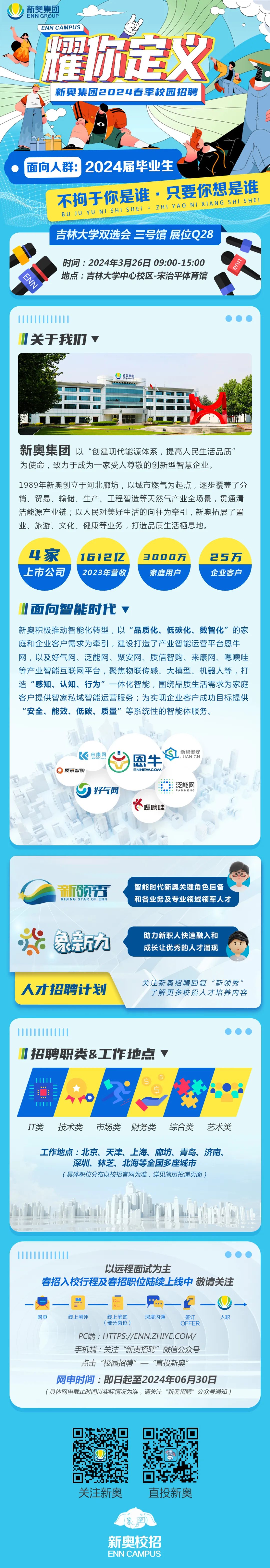 <p>新奥集团</p>
<p>ENN GROUF</p>
<p>ENN CAMPUS</p>
<p>耀你定义<br/>新奥集团2024春季校园招聘</p>
<p>面向人群:2024届毕业生</p>
<p>不拘于你是谁.只要你想是谁<br/>BUJU YUNISHISHEI .ZHIYAO NIXIANG SHISHEI</p>
<p>吉林大学双选会三号馆展位Q28</p>
<p>ENN</p>
<p>时间:2024年3月26日09:00-15:00<br/>地点:吉林大学中心校区-宋治平体育馆</p>
<p>enn</p>
<p>关于我们</p>
<p>新奥集团<br/>ENNGROUI<br/> </p>
<p>新奥集团以“创建现代能源体系，提高人民生活品质”<br/>为使命，致力于成为一家受人尊敬的创新型智慧企业。</p>
<p>1989年新奥创立于河北廊坊，以城市燃气为起点，逐步覆盖了分<br/>销、贸易、输储、生产、工程智造等天然气产业全场景，贯通清<br/>洁能源产业链;以人民对美好生活的向往为牵引，新奥拓展了置<br/>业、旅游、文化、健康等业务，打造品质生活栖息地。</p>
<p>4家<br/>上市公司</p>
<p>16121Z<br/>2023年营收</p>
<p>3000万<br/>家庭用户</p>
<p>25万<br/>企业客户</p>
<p>面向智能时代</p>
<p>新奥积极推动智能化转型，以“品质化、低碳化、数智化”的家<br/>庭和企业客户需求为牵引，建设打造了产业智能运营平台恩牛<br/>网，以及好气网、泛能网、聚安网、质信智购、来康网、嗯噢哇<br/>等产业智能互联网平台，聚焦物联传感、大模型、机器人等，打<br/>造“感知、认知、行为”一体化智能，围绕品质生活需求为家庭<br/>客户提供智家私域智能运营服务;为实现企业客户成功目标提供<br/>“安全、能效、低碳、质量”等系统性的智能体服务。</p>
<p>来康</p>
<p>质采智购</p>
<p>好气网</p>
<p>恩牛<br/>ENNEW.COM</p>
<p>嗯噢哇</p>
<p>新智聚安<br/>JUAN.CN</p>
<p>泛能网<br/>FANNENG</p>
<p>新领否<br/>RISING STAR OF ENN</p>
<p>智能时代新奥关键角色后备<br/>和各业务及专业领域领军人才</p>
<p>象新九</p>
<p>助力新职人快速融入和<br/>成长让优秀的人才涌现</p>
<p>人才招聘计划</p>
<p>关注新奥招聘回复“新领秀”</p>
<p>了解更多校招人才培养内容</p>
<p>招聘职类&工作地点</p>
<p>V</p>
<p>5</p>
<p>IT类</p>
<p>技术类</p>
<p>市场类</p>
<p>财务类</p>
<p>综合类</p>
<p>艺术类</p>
<p>工作地点:北京、天津、上海、廊坊、青岛、济南、</p>
<p>深圳、林芝、北海等全国多座城市<br/>(具体职位分布以校招官网为准，详见简历投递页面)</p>
<p>以远程面试为主</p>
<p>春招入校行程及春招职位陆续上线中 敬请关注</p>
<p>网申</p>
<p>线上测评</p>
<p>线上笔试</p>
<p>深度沟通</p>
<p>签订</p>
<p>入职</p>
<p>(部分岗位)</p>
<p>OFFER</p>
<p>PC端:HTTPS://ENN.ZHIYE.COM/</p>
<p>手机端:关注“新奥招聘”微信公众号</p>
<p>点击“校园招聘”一“直投新奥"</p>
<p>网申时间:即日起至2024年06月30日<br/>(具体网申截止时间以实际情况为准，请关注“新奥招聘”公众号通知)</p>
<p>关注新奥</p>
<p>直投新奥</p>
<p>新奥校招<br/>ENN CAMPUS</p>
