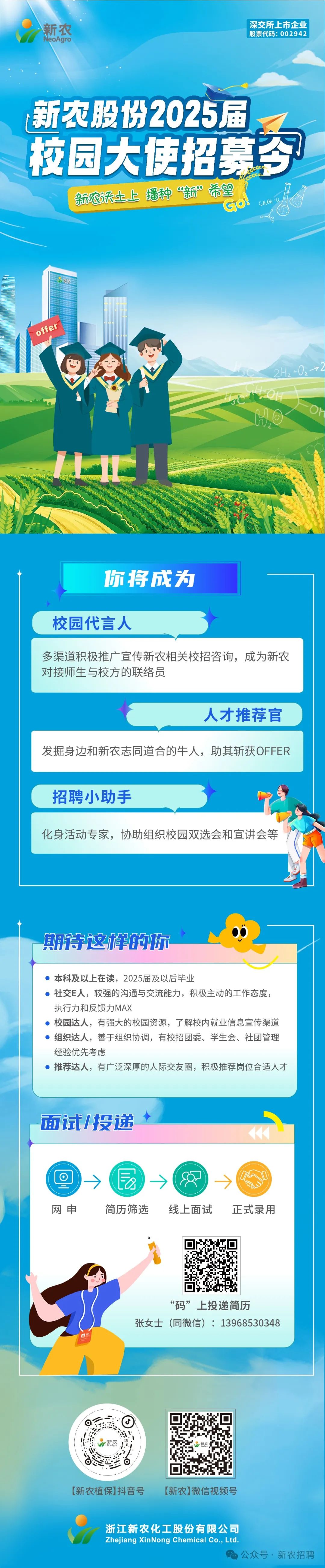 <p>新农</p>
<p>NeoAgro</p>
<p>深交所上市企业<br/>股票代码:002942</p>
<p>新农股份2025届<br/>校园大使招募今<br/>新农沃土上播种“新”希望</p>
<p>GH.OH .O<br/>qo.</p>
<p>offer</p>
<p>小地</p>
<p> </p>
<p>2<br/> </p>
<p>O</p>
<p>你将成为</p>
<p>校园代言人</p>
<p>业此力</p>
<p>多渠道积极推广宣传新农相关校招咨询，成为新农<br/>对接师生与校方的联络员</p>
<p>人才推荐官</p>
<p>发掘身边和新农志同道合的牛人，助其斩获OFFER</p>
<p>招聘小助手</p>
<p>化身活动专家，协助组织校园双选会和宣讲会等</p>
<p>期待这样的你</p>
<p>本科及以上在读，2025届及以后毕业</p>
<p>社交E人，较强的沟通与交流能力，积极主动的工作态度，<br/>执行力和反馈力MAX</p>
<p>校园达人，有强大的校园资源，了解校内就业信息宣传渠道<br/>组织达人，善于组织协调，有校招团委、学生会、社团管理<br/>经验优先考虑</p>
<p>推荐达人，有广泛深厚的人际交友圈，积极推荐岗位合适人才</p>
<p>面试/投递</p>
<p>网申</p>
<p> </p>
<p>简历筛选</p>
<p>线上面试</p>
<p>正式录用</p>
<p>“码”上投递简历</p>
<p>张女士(同微信):13968530348</p>
<p>[新农植保]抖音号</p>
<p>[新农]微信视频号</p>
<p>浙江新农化工股份有限公司</p>
<p>Zhejiang XinNong Chemical Co.， Ltd.</p>
<p>公众号.新农招聘</p>
