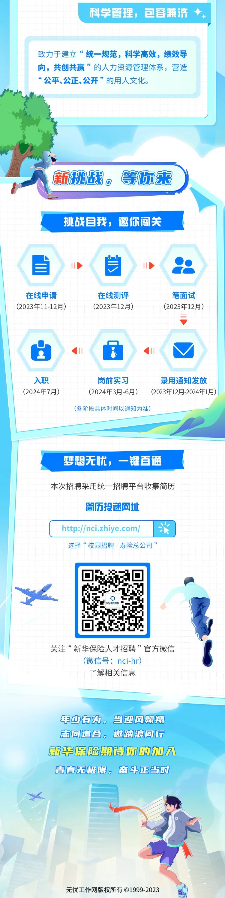 <p>选择“校园招聘-寿险总公司”</p>
<p>o</p>
<p>NCI鹏学保检</p>
<p>关注“新华保险人才招聘”官方微信</p>
<p>(微信号: nci-hr)</p>
<p>了解相关信息</p>
<p>年少有为。当迎风翱翔</p>
<p>志同道合。邀踏浪同行</p>
<p>新华保险期待你的加入</p>
<p>青春无极限。奋斗正当时</p>
<p>无忧工作网版权所有 1999-2023</p>

<table>
<tr><td>科学管理,包容兼济</td>
<td colspan="2"></td>
</tr>
<tr><td colspan="3">致力于建立“统一规范,科学高效,绩效导向,共创共赢”的人力资源管理体系,营造“公平、公正.公开”的用人文化。防I 新挑战。等你来挑战自我,邀你闯关</td>
</tr>
<tr><td>) 自</td>
<td colspan="2"> o )."</td>
</tr>
<tr><td colspan="3">在线测评 笔面试(2023年12月) (2023年12月) V( "j ( V岗前实习 录用通知发放(2024年3月-6月) (2023年12月-2024年1月)(各阶段具体时间以通知为准)梦想无忧,一键直通本次招聘采用统一招聘平台收集简历简历投递网址</td>
</tr>
<tr><td>htp:/:/nci.zhiye.com/</td>
<td>深</td>
<td></td>
</tr>
</table>
