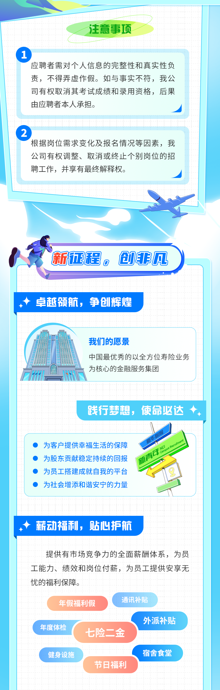 <p>节日福利</p>

<table>
<tr><td colspan="3">注意事项应聘者需对个人信息的完整性和真实性负责,不得弄虚作假。如与事实不符,我公司有权取消其考试成绩和录用资格,后果由应聘者本人承担。 J</td>
</tr>
<tr><td colspan="3">根据岗位需求变化及报名情况等因素,我公司有权调整、取消或终止个别岗位的招聘工作,并享有最终解释权。J</td>
</tr>
<tr><td colspan="3">A</td>
</tr>
<tr><td colspan="3">新征程。创菲凡+ 卓越领航,争创辉煌成 A 我们的愿景中国最优秀的以全方位寿险业务营为核心的金融服务集团1 2践行梦想,使命必达I ) 为客户提供幸福生活的保障 NC PuoEoan ) 为股东贡献稳定持续的回报 新 ) 为员工搭建成就自我的平台 ) 为社会增添和谐安宁的力量+ 薪动福利,贴心护航提供有市场竞争力的全面薪酬体系,为员工能力、绩效和岗位付薪,为员工提供安享无忧的福利保障。通讯补贴年假福利假外派补贴年度体检七险二金</td>
</tr>
<tr><td>\'\'</td>
<td>健身设施</td>
<td>\' 宿舍食堂 )</td>
</tr>
</table>
