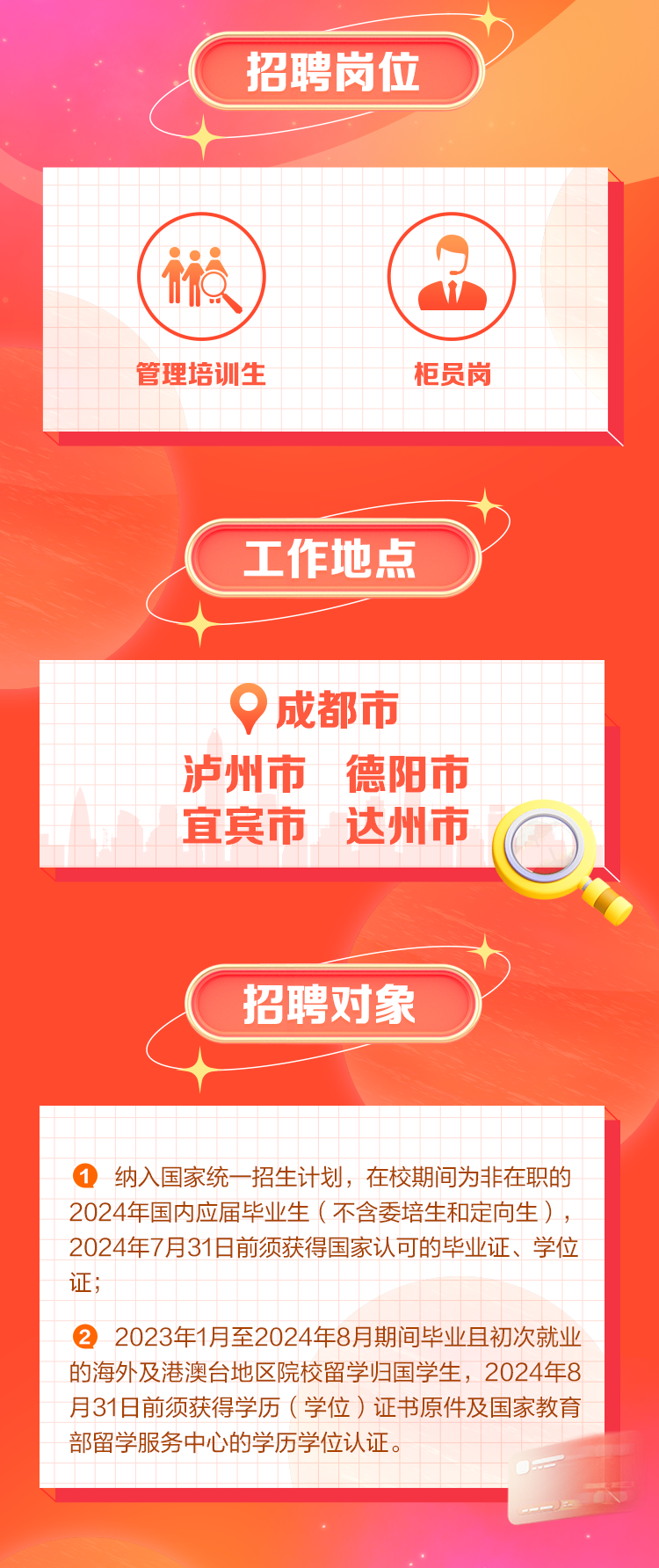 <p>招聘岗位</p>
<p>管理培训生</p>
<p>柜员岗</p>
<p>工作地点</p>
<p>成都市<br/>泸州市 德阳市<br/>宜宾市<br/>达州市</p>
<p>招聘对象</p>
<p>1纳入国家统一招生计划，在校期间为非在职的<br/>2024年国内应届毕业生(不含委培生和定向生)，<br/>2024年7月31日前须获得国家认可的毕业证、学位<br/>证;</p>
<p>②2023年1月至2024年8月期间毕业且初次就业<br/>的海外及港澳台地区院校留学归国学生，2024年8<br/>月31日前须获得学历(学位)证书原件及国家教育<br/>部留学服务中心的学历学位认证。</p>
