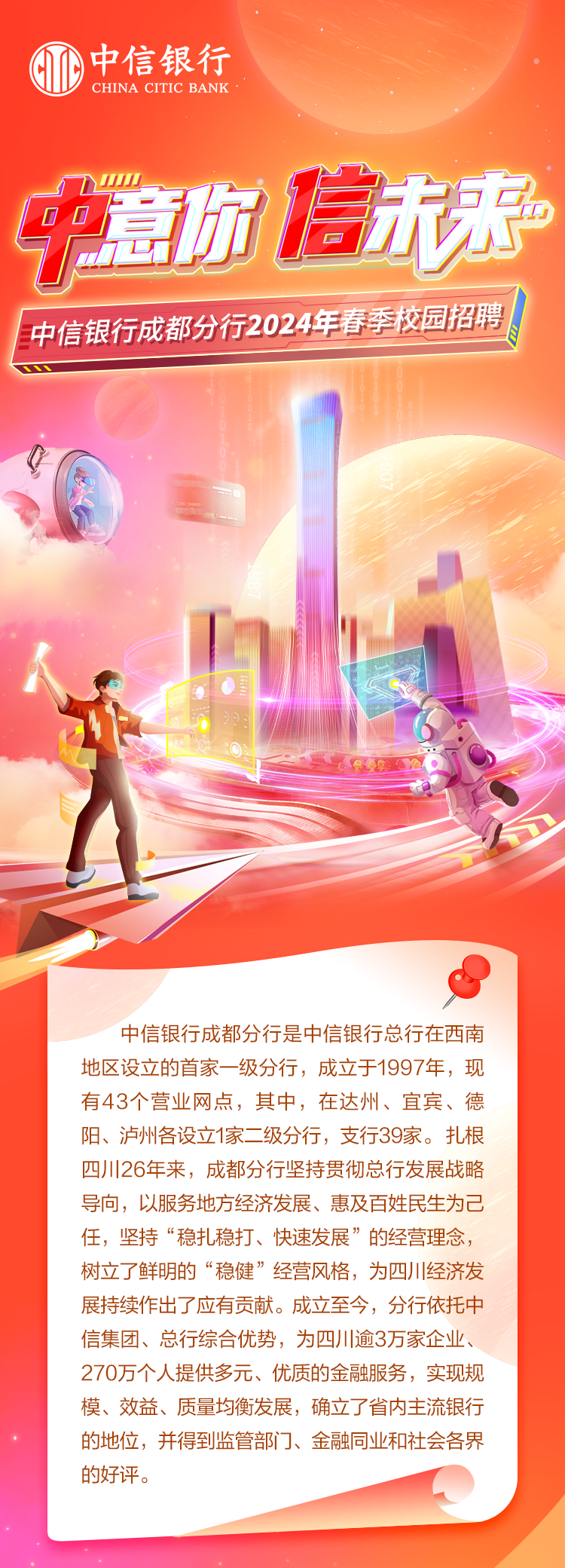 <p>中信银行</p>
<p>CHINA CITIC BANK&rdquo;</p>
<p>工m</p>
<p>中意场信元寿</p>
<p>中信银行成都分行2024年春手校园招聘。</p>
<p>中信银行成都分行是中信银行总行在西南</p>
<p>地区设立的首家- -级分行,成立于1997年,现</p>
<p>有43个营业网点,其中,在达州、宜宾、德</p>
<p>阳、泸州各设立1家二 级分行,支行39家。扎根</p>
<p>四川26年来,成都分行坚持贯彻总行发展战略</p>
<p>导向,以服务地方经济发展、惠及百姓民生为己</p>
<p>任,坚持&ldquo;稳扎稳打、快速发展&rdquo;的经营理念,</p>
<p>树立了鲜明的&ldquo;稳健&rdquo;经营风格,为四川经济发</p>
<p>展持续作出了应有贡献。成立至今,分行依托中</p>
<p>信集团、总行综合优势,为四川逾3万家企业、</p>
<p>270万个人提供多元、优质的金融服务,实现规</p>
<p>模、效益、质量均衡发展,确立了省内主流银行</p>
<p>的地位,并得到监管部门]、 金融同业和社会各界</p>
<p>的好评。</p>
