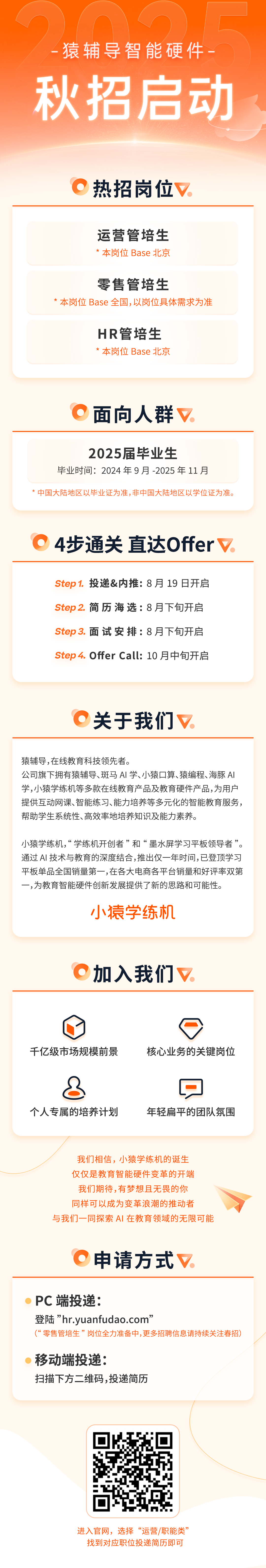 <p>猿辅导智能硬件-<br/>秋招启动</p>
<p>热招岗位</p>
<p>运营管培生<br/>*本岗位 Base 北京</p>
<p>零售管培生</p>
<p>*本岗位 Base全国，以岗位具体需求为准</p>
<p>HR管培生<br/>*本岗位 Base北京</p>
<p>面向人群<br/>A</p>
<p>2025届毕业生</p>
<p>毕业时间:2024年9月-2025年11月</p>
<p>中国大陆地区以毕业证为准,非中国大陆地区以学位证为准。</p>
<p>4步通关直达Offer</p>
<p>Step1.投递&内推:8月19日开启<br/>Step2.简历海选:8月下旬开启<br/>Step3.面试安排:8月下旬开启<br/>Step4.Offer Call:10月中旬开启</p>
<p>关于我们▽</p>
<p>猿辅导,在线教育科技领先者。</p>
<p>公司旗下拥有猿辅导、斑马AI学、小猿口算、猿编程、海豚AI<br/>学,小猿学练机等多款在线教育产品及教育硬件产品,为用户<br/>提供互动网课、智能练习、能力培养等多元化的智能教育服务,<br/>帮助学生系统性、高效率地培养知识及能力素养。</p>
<p>小猿学练机,“学练机开创者”和“墨水屏学习平板领导者”。<br/>通过AI技术与教育的深度结合,推出仅一年时间,已登顶学习<br/>平板单品全国销量第一,在各大电商各平台销量和好评率双第<br/>一,为教育智能硬件创新发展提供了新的思路和可能性。</p>
<p>小猿学练机</p>
<p>加入我们</p>
<p>千亿级市场规模前景</p>
<p>核心业务的关键岗位</p>
<p>③</p>
<p>个人专属的培养计划</p>
<p>年轻扁平的团队氛围</p>
<p>我们相信，小猿学练机的诞生<br/>仅仅是教育智能硬件变革的开端<br/>我们期待,有梦想且无畏的你<br/>同样可以成为变革浪潮的推动者</p>
<p>与我们一同探索AI 在教育领域的无限可能</p>
<p>O<br/>申请方式</p>
<p>PC端投递:</p>
<p>登陆"hr.yuanfudao.com"</p>
<p>(“零售管培生”岗位全力准备中,更多招聘信息请持续关注春招)</p>
<p>移动端投递:</p>
<p>扫描下方二维码,投递简历</p>
<p>进入官网，选择“运营/职能类”</p>
<p>找到对应职位投递简历即可</p>
