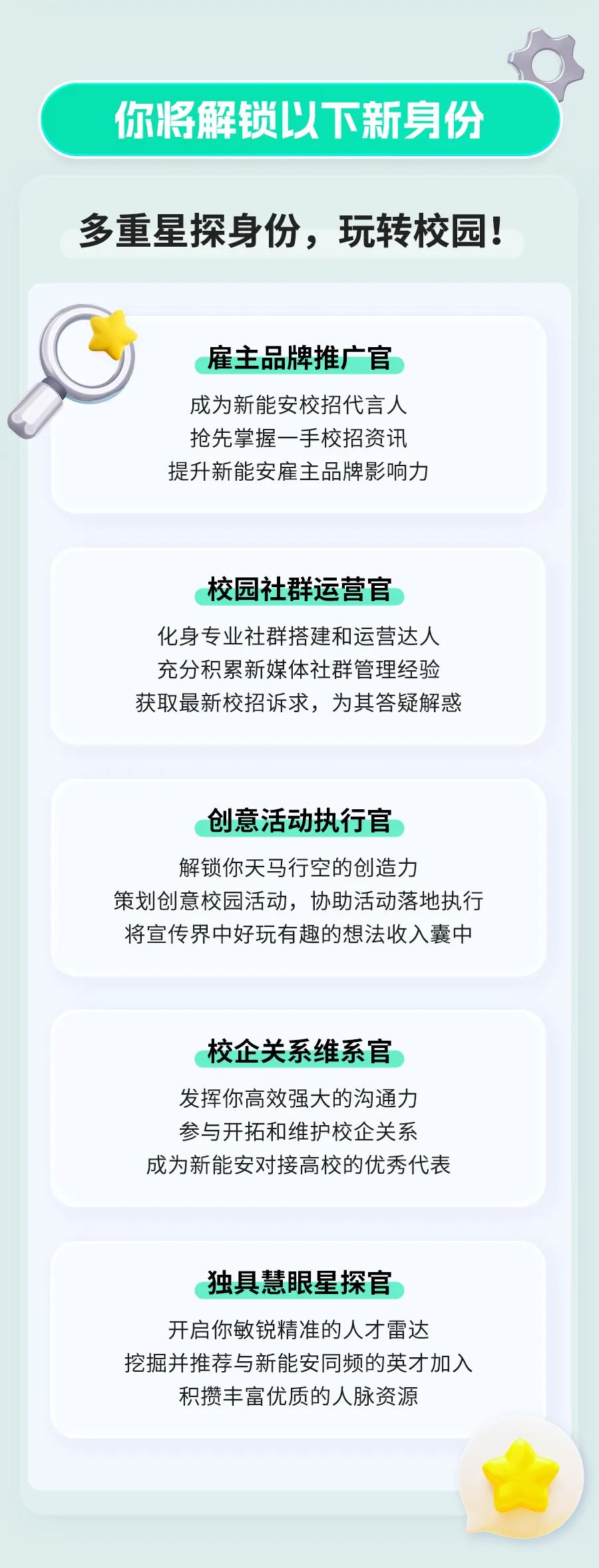 你将解锁以下新身份\\n多重星探身份，玩转校园!\\n雇主品牌推广官\\n成为新能安校招代言人\\n抢先掌握一手校招资讯\\n提升新能安雇主品牌影响力\\n校园社群运营官\\n化身专业社群搭建和运营达人\\n充分积累新媒体社群管理经验\\n获取最新校招诉求，为其答疑解惑\\n创意活动执行官\\n解锁你天马行空的创造力\\n策划创意校园活动，协助活动落地执行\\n将宣传界中好玩有趣的想法收入囊中\\n校企关系维系官\\n发挥你高效强大的沟通力\\n参与开拓和维护校企关系\\n成为新能安对接高校的优秀代表\\n独具慧眼星探官\\n开启你敏锐精准的人才雷达\\n挖掘并推荐与新能安同频的英才加入\\n积攒丰富优质的人脉资源\\n