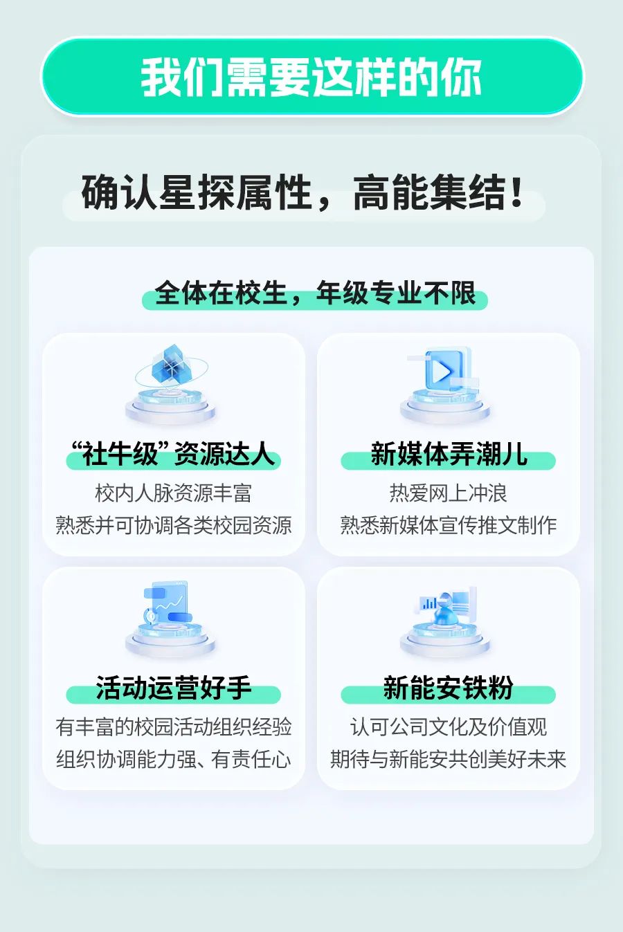 我们需要这样的你\\n确认星探属性，高能集结!\\n全体在校生，年级专业不限\\n“社牛级”资源达人\\n新媒体弄潮儿\\n校内人脉资源丰富\\n热爱网上冲浪\\n熟悉并可协调各类校园资源\\n熟悉新媒体宣传推文制作\\n活动运营好手\\n新能安铁粉\\n有丰富的校园活动组织经验\\n认可公司文化及价值观\\n组织协调能力强、有责任心\\n期待与新能安共创美好未来\\n