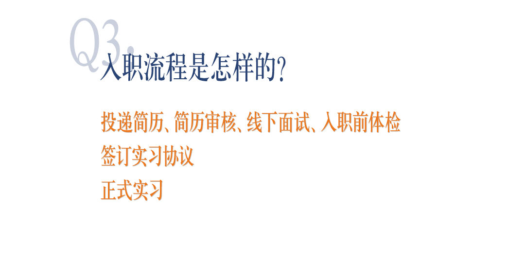 <p>入职流程是怎样的?</p>
<p>投递简历、简历审核、线下面试、入职前体检<br/>签订实习协议</p>
<p>正式实习</p>
