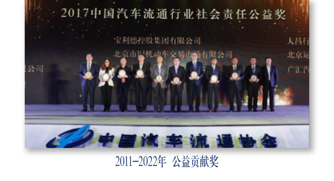 <p>2017中国汽车流通行业社会责任公益奖</p>
<p>宝利德控股集团有限公司人昌行</p>
<p>北京市巴机动车文易业与有限公司北京运</p>
<p>公司广江汽</p>
<p>中国汽车疯通协会</p>
<p>2011-2022年 公益贡献奖</p>
