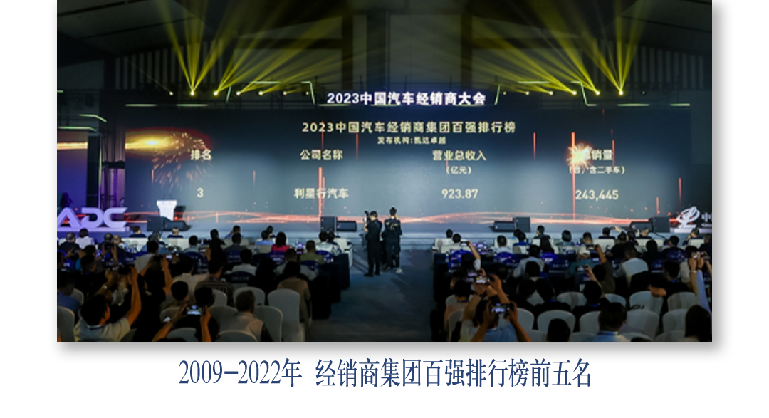 <p>2023中国汽车经销商大会</p>
<p>2023中国汽车经销商集团百强排行榜</p>
<p>发布机椅:凯达卓</p>
<p>公司名称</p>
<p>营业总收入</p>
<p>(亿元)</p>
<p>消量</p>
<p>利星行汽车</p>
<p>923.87</p>
<p>243.445</p>
<p>2009-2022年  经销商集团百强排行榜前五名</p>
