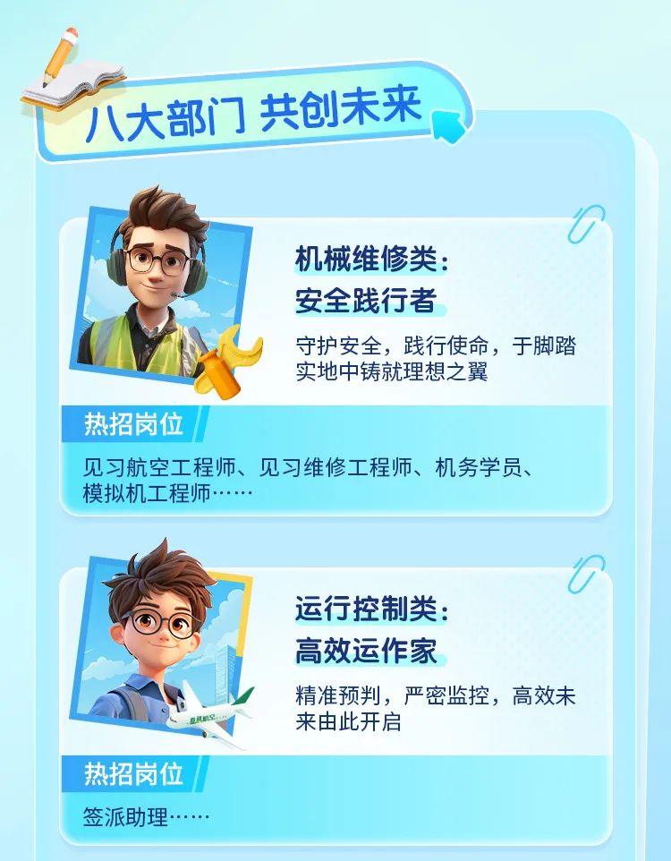 <p>八大部门共创未来</p>
<p>0</p>
<p>机械维修类:</p>
<p>安全践行者</p>
<p>守护安全,践行使命,于脚踏</p>
<p>实地中铸就理想之翼</p>

<table>
<tr><td>热招岗位见习航空工程师、见习维修工程师、机务学员、模拟机工程师.....</td>
</tr>
<tr><td>“ 金运行控制类:高效运作家精准预判,严密监控,高效未来由此开启</td>
</tr>
<tr><td>热招岗位I签派助理....</td>
</tr>
</table>

