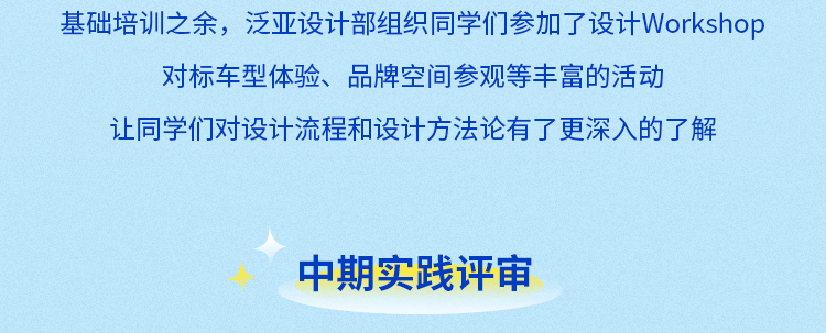 <p>基础培训之余，泛亚设计部组织同学们参加了设计Workshop</p>
<p>对标车型体验、品牌空间参观等丰富的活动</p>
<p>让同学们对设计流程和设计方法论有了更深入的了解</p>
<p>中期实践评审</p>
