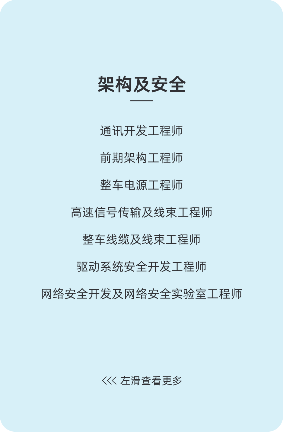 <p>架构及安全</p>
<p>通讯开发工程师</p>
<p>前期架构工程师</p>
<p>整车电源工程师</p>
<p>高速信号传输及线束工程师<br/>整车线缆及线束工程师</p>
<p>驱动系统安全开发工程师</p>
<p>网络安全开发及网络安全实验室工程师</p>
<p>左滑查看更多</p>
