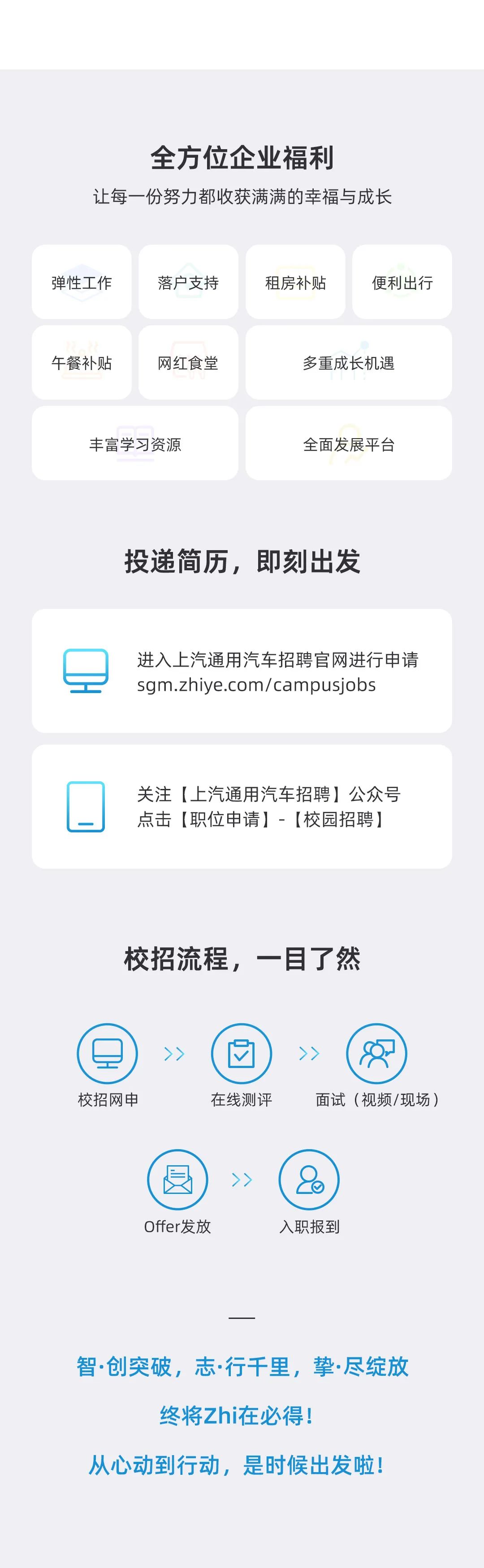 <p>全方位企业福利</p>
<p>让每一份努力都收获满满的幸福与成长</p>
<p>弹性工作</p>
<p>落户支持</p>
<p>租房补贴</p>
<p>便利出行</p>
<p>午餐补贴</p>
<p>网红食堂</p>
<p>多重成长机遇</p>
<p>丰富学习资源</p>
<p>全面发展平台</p>
<p>投递简历，即刻出发</p>
<p>进入上汽通用汽车招聘官网进行申请<br/>sgm.zhiye.com/campusjobs</p>
<p>关注[上汽通用汽车招聘]公众号<br/>点击[职位申请]-[校园招聘]</p>
<p>校招流程,<br/>，一目了然</p>
<p>校招网申</p>
<p>在线测评</p>
<p> </p>
<p>面试(视频/现场)</p>
<p>Offer发放</p>
<p>入职报到</p>
<p>智.创突破，志.行千里，挚.尽绽放</p>
<p>终将Zhi在必得!</p>
<p>从心动到行动，是时候出发啦!</p>
