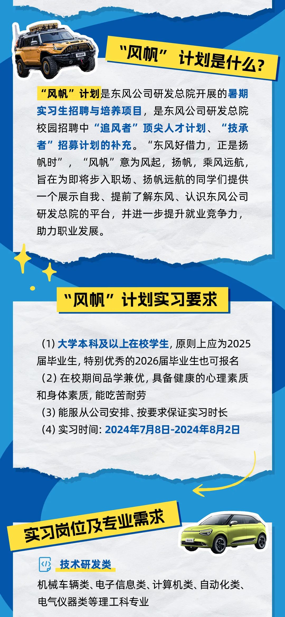 <p>&ldquo;风帆&rdquo;计划是什么?</p>
<p>&ldquo;风帆&rdquo;计划是东风公司研发总院开展的暑期<br/>实习生招聘与培养项目，是东风公司研发总院<br/>校园招聘中&ldquo;追风者&rdquo;顶尖人才计划、&ldquo;技承<br/>者&rdquo;招募计划的补充。&ldquo;东风好借力，正是扬<br/>帆时&rdquo;，&ldquo;风帆&rdquo;意为风起，扬帆，乘风远航，<br/>旨在为即将步入职场、扬帆远航的同学们提供<br/>一个展示自我、提前了解东风、认识东风公司<br/>研发总院的平台，并进一步提升就业竞争力，<br/>助力职业发展。</p>
<p>&ldquo;风帆&rdquo;计划实习要求</p>
<p>(1)大学本科及以上在校学生,原则上应为2025<br/>届毕业生,特别优秀的2026届毕业生也可报名<br/>(2)在校期间品学兼优,具备健康的心理素质<br/>和身体素质,能吃苦耐劳</p>
<p>(3)能服从公司安排、按要求保证实习时长<br/>(4)实习时间:2024年7月8日-2024年8月2日</p>
<p>实习岗位及专业需求</p>
<p>技术研发类</p>
<p>机械车辆类、电子信息类、计算机类、自动化类、<br/>电气仪器类等理工科专业</p>
