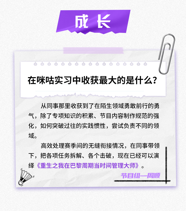 <p>成长</p>
<p>在咪咕实习中收获最大的是什么?</p>
<p>从同事那里收获到了在陌生领域勇敢前行的勇<br/>气，除了专项知识的积累、节目内容制作规范的强<br/>化，如何突破过往的实践惯性，尝试负责不同的领<br/>域。</p>
<p>高效处理赛季间的无缝衔接情况，在同事带领<br/>下，把各项任务拆解、各个击破，现在已经可以演<br/>绎《重生之我在巴黎周期当时间管理大师》。</p>
<p>节目组一周顺</p>
