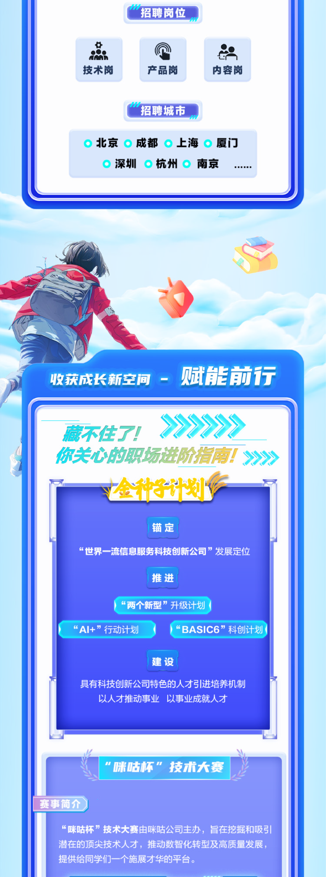 <p>招聘岗位</p>
<p>技术岗</p>
<p>产品岗</p>
<p>内容岗</p>
<p>招聘城市</p>
<p>北京成都上海厦门</p>
<p>深圳杭州南京</p>
<p>收获成长新空间-<br/>赋能前行</p>
<p>藏不住了!</p>
<p>你关心的职场进阶指南!>》<br/>金种子计划节</p>
<p>锚定</p>
<p>“世界一流信息服务科技创新公司”发展定位</p>
<p>推进</p>
<p>“两个新型”升级计划</p>
<p>“Al+”行动计划</p>
<p>“BASIC6”科创计划</p>
<p>建设</p>
<p>具有科技创新公司特色的人才引进培养机制<br/>以人才推动事业以事业成就人才</p>
<p>\'咪咕杯”<br/>技术大赛</p>
<p>赛事简介</p>
<p>“咪咕杯”技术大赛由咪咕公司主办，旨在挖掘和吸引<br/>潜在的顶尖技术人才，推动数智化转型及高质量发展，<br/>提供给同学们一个施展才华的平台。</p>
