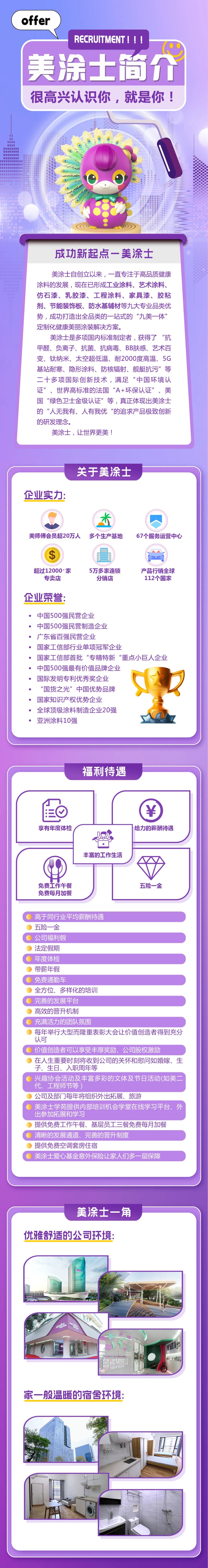 <p>offer</p>
<p>RECRUITMENT!!!</p>
<p>美涂士简介<br/>很高兴认识你,就是你!</p>
<p>成功新起点一美涂士</p>
<p>美涂士自创立以来,一直专注于高品质健康<br/>涂料的发展,现在已形成工业涂料、艺术涂料、<br/>仿石漆、乳胶漆、工程涂料、家具漆、胶粘<br/>剂、节能装饰板、防水基辅材等九大专业品类优<br/>势,成功打造出全品类的一站式的“九美一体”<br/>定制化健康美丽涂装解决方案。</p>
<p>美涂士是多项国内标准制定者,获得了“抗<br/>甲醛、负离子、抗菌、抗病毒、BB肤感、艺术百<br/>变、钛纳米、太空超低温、耐2000度高温、5G<br/>基站耐寒、隐形涂料、防核辐射、舰艇抗污”等<br/>二十多项国际创新技术,满足“中国环境认<br/>证”、世界高标准的法国“A+环保认证”、美<br/>国“绿色卫士金级认证”等,真正体现出美涂士<br/>的“人无我有、人有我优“的追求产品极致创新<br/>的研发理念。</p>
<p>美涂士,让世界更美!</p>
<p>企业实力:</p>
<p>关于美涂士</p>
<p>美师傅会员超20万人多个生产基地</p>
<p>67个服务运营中心</p>
<p>6</p>
<p>超过12000+家</p>
<p>专卖店</p>
<p>5万多家连锁</p>
<p>分销店</p>
<p>产品行销全球<br/>112个国家</p>
<p>企业荣誉:</p>
<p>中国500强民营企业</p>
<p>中国500强民营制造企业</p>
<p>.广东省百强民营企业</p>
<p>国家工信部行业单项冠军企业</p>
<p>国家工信部首批“专精特新“重点小巨人企业<br/>中国500强最有价值品牌企业</p>
<p>国际发明专利优秀奖企业</p>
<p>“国货之光”中国优势品牌</p>
<p>国家知识产权优势企业</p>
<p>全球顶级涂料制造企业20强</p>
<p>亚洲涂料10强</p>
<p>福利待遇</p>
<p>享有年度体检</p>
<p>给力的薪酬待遇</p>
<p>丰富的工作生活</p>
<p>免费工作午餐<br/>免费每月加餐</p>
<p>五险一金</p>
<p>高于同行业平均薪酬待遇</p>
<p>五险一金</p>
<p>公司福利假</p>
<p>法定假期</p>
<p>年度体检</p>
<p>带薪年假</p>
<p>免费通勤车</p>
<p>全方位、多样化的培训</p>
<p>完善的发展平台</p>
<p>高效的晋升机制</p>
<p>充满活力的团队氛围</p>
<p>每年举行大型而隆重表彰大会让价值创造者得到充分<br/>认可</p>
<p>价值创造者可以享受丰厚奖励、公司股权激励</p>
<p>在人生重要时刻将收到公司的关怀和慰问如婚嫁、生<br/>子、生日、入职周年等</p>
<p>兴趣协会活动及丰富多彩的文体及节日活动(如美二<br/>代、工程师节等)</p>
<p>公司及部门每年将组织外出拓展、旅游</p>
<p>美涂士学苑提供内部培训机会学堂在线学习平台、外<br/>出参加拓展和学习</p>
<p>提供免费工作午餐、基层员工三餐免费每月加餐<br/>清晰的发展通道、完善的晋升制度</p>
<p>提供免费空调套房住宿</p>
<p>美涂士爱心基金意外保险让家人们多一层保障</p>
<p>美涂士一角</p>
<p>优雅舒适的公司环境:</p>
<p>HSEE</p>
<p>家一般温暖的宿舍环境:</p>
