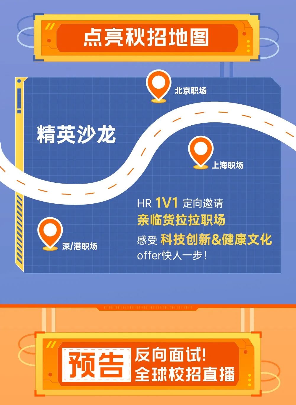 <p>”</p>
<p>点亮秋招地图</p>
<p>北京职场</p>
<p>精英沙龙</p>
<p>, 上海职场</p>
<p>HR 1V1定向邀请</p>
<p>亲临货拉拉职场</p>
<p>感受科技创新&健康文化</p>
<p>深/港职场</p>
<p>offer快人一步!</p>
<p>”</p>
<p>1反向面试!</p>
<p>预告</p>
<p>全球校招直播</p>
