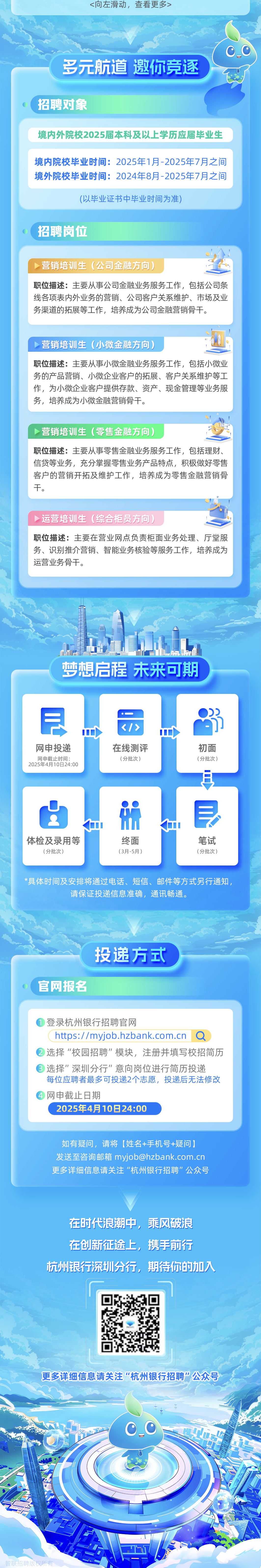 <p><向左滑动，查看更多></p>
<p>多元航道邀你竞逐</p>
<p>招聘对象</p>
<p>境内外院校2025届本科及以上学历应届毕业生</p>
<p>境内院校毕业时间:2025年1月-2025年7月之间<br/>境外院校毕业时间:2024年8月-2025年7月之间</p>
<p>(以毕业证书中毕业时间为准)</p>
<p>招聘岗位</p>
<p> </p>
<p> </p>
<p>营销培训生<br/>(公司金融方向)</p>
<p>职位描述:主要从事公司金融业务服务工作，包括公司条<br/>线各项表内外业务的营销、公司客户关系维护、市场及业<br/>务渠道的拓展等工作，培养成为公司金融营销骨干。</p>
<p>营销培训生(小微金融方向)</p>
<p>职位描述:主要从事小微金融业务服务工作，包括小微业<br/>务的产品营销、小微企业客户的拓展、客户关系维护等工<br/>作，为小微企业客户提供存款、资产、现金管理等业务服<br/>务，培养成为小微金融营销骨干。</p>
<p>营销培训生(零售金融方向)</p>
<p>职位描述:主要从事零售金融业务服务工作，包括理财、<br/>信贷等业务，充分掌握零售业务产品特点，积极做好零售<br/>客户的营销开拓及维护工作，培养成为零售金融营销骨<br/>干。</p>
<p>运营培训生(综合柜员方向)</p>
<p>职位描述:主要在营业网点负责柜面业务处理、厅堂服<br/>务、识别推介营销、智能业务核验等服务工作，培养成为<br/>运营业务骨干。</p>
<p>梦想启程 未来可期</p>
<p> </p>
<p>网申投递</p>
<p>网申截止时间:</p>
<p>2025年4月10日24:00</p>
<p><2</p>
<p>在线测评</p>
<p>(分批次)</p>
<p> </p>
<p>初面</p>
<p>(分批次)</p>
<p>体检及录用等<br/>(分批次)</p>
<p>终面<br/>(3月-5月)</p>
<p>笔试</p>
<p>(分批次)</p>
<p>*具体时间及安排将通过电话、短信、邮件等方式另行通知</p>
<p>请保证投递信息准确，通讯畅通。</p>
<p>官网报名</p>
<p>投递方式</p>
<p>登录杭州银行招聘官网</p>
<p>https://myjob.hzbank.com.cn<br/>Q<br/>选择&ldquo;校园招聘&rdquo;模块，注册并填写校招简历<br/>选择"深圳分行"意向岗位进行简历投递</p>
<p>每位应聘者最多可投递2个志愿，投递后无法修改<br/>网申截止日期</p>
<p>2025年4月10日24:00</p>
<p>如有疑问，请将[姓名+手机号+疑问]<br/>发送至咨询邮箱 myjob@hzbank.com.cn<br/>更多详细信息请关注&ldquo;杭州银行招聘"公众号</p>
<p>在时代浪潮中，乘风破浪<br/>在创新征途上，<br/>携手前行</p>
<p>抗州银行深圳分行，期待你的加入</p>
<p>更多详细信息请关注"杭州银行招聘&rdquo;公众号</p>
<p>智联招聘版权所有</p>
