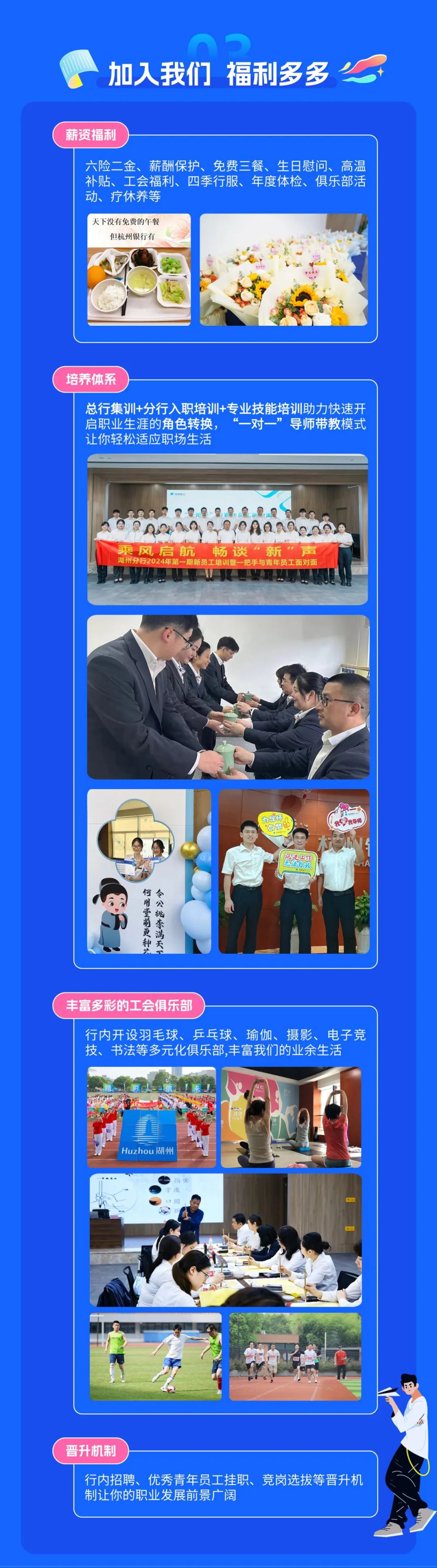 <p>加入我们<br/>福利多多</p>
<p>薪资福利</p>
<p>六险二金、薪酬保护、免费三餐、生日慰问、高温<br/>补贴、工会福利、四季行服、年度体检、俱乐部活<br/>动、疗休养等</p>
<p>天下没有免费的午餐</p>
<p>但杭州银行有</p>
<p>培养体系</p>
<p>总行集训+分行入职培训+专业技能培训助力快速开<br/>启职业生涯的角色转换,<br/>“一对一”导师带教模式<br/>让你轻松适应职场生活</p>
<p>乘风启航畅谈“新"声<br/>湖州分行2024年第一期新员工培训暨一把手与青年员工面对面</p>
<p>何用堂前更种</p>
<p>令公桃李满灭</p>
<p>坊</p>
<p>为导师</p>
<p>a<br/>点赞</p>
<p>沉迷工作</p>
<p>无法自我</p>
<p>我爱我导师</p>
<p>丰富多彩的工会俱乐部</p>
<p>行内开设羽毛球、乒乓球、瑜伽、摄影、电子竞<br/>技、书法等多元化俱乐部,丰富我们的业余生活</p>
<p>Huzhou j湖州</p>
<p>指实<br/>周</p>
<p>2<br/>国</p>
<p>晋升机制</p>
<p>行内招聘、优秀青年员工挂职、竞岗选拔等晋升机<br/>制让你的职业发展前景广阔</p>