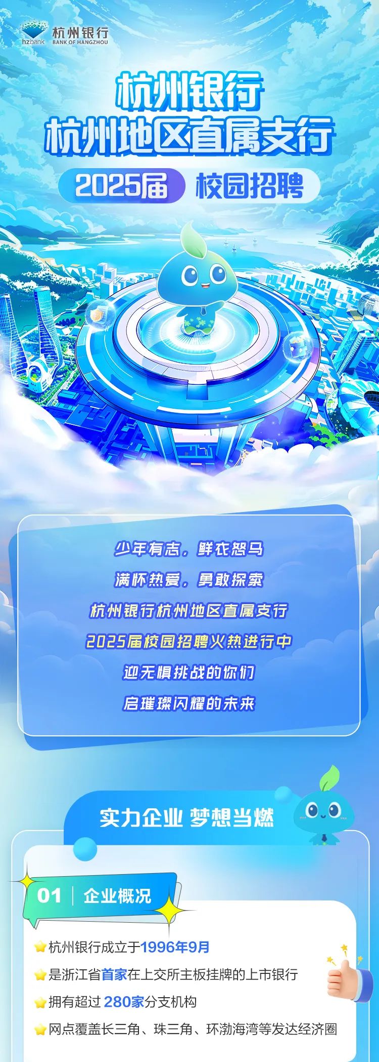 <p>杭州银行</p>
<p>杭州银行</p>
<p>杭州地区直属支行</p>
<p>( 2025届)校园招聘</p>
<p>COus</p>
<p>少年有吉。鲜衣恕马</p>
<p>满怀热爱。勇敢探索</p>
<p>杭州银行杭州地区直属支行</p>
<p>2025届校园招聘火热进行中</p>
<p>迎无惧挑战的你们</p>
<p>启璀璨闪耀的未来</p>
<p>实力企业梦想当燃00</p>
<p>01 |企业概况</p>
<p>杭州银行成立于1996年9月</p>
<p>是浙江省首家在上交所主板挂牌的上市银行</p>
<p>拥有超过280家分支机构</p>
<p>网点覆盖长三角、珠三角、环渤海湾等发达经济圈</p>
