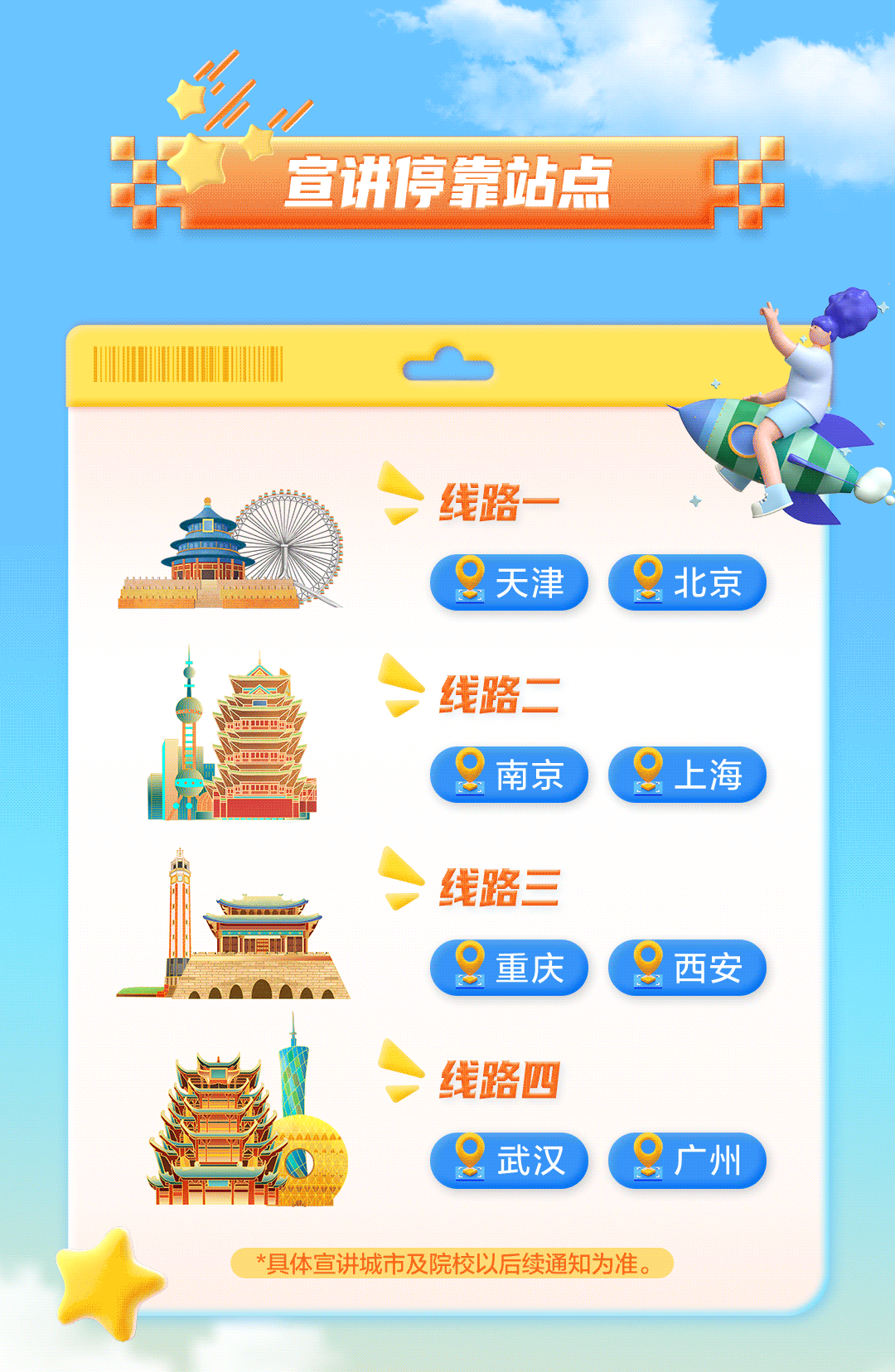 <p>I宣讲停靠站点</p>
<p>CO</p>
<p>?线路一-</p>
<p>道☐中中中团中n天津北京</p>
<p>;线路二</p>
<p>工</p>
<p>中☐品南京C上海</p>
<p>鼻</p>
<p>;线路三</p>
<p>O重庆O西安</p>
<p>?线路四</p>
<p>O武汉广州</p>
<p>*具体宣讲城市及院校以后续通知为准。</p>
