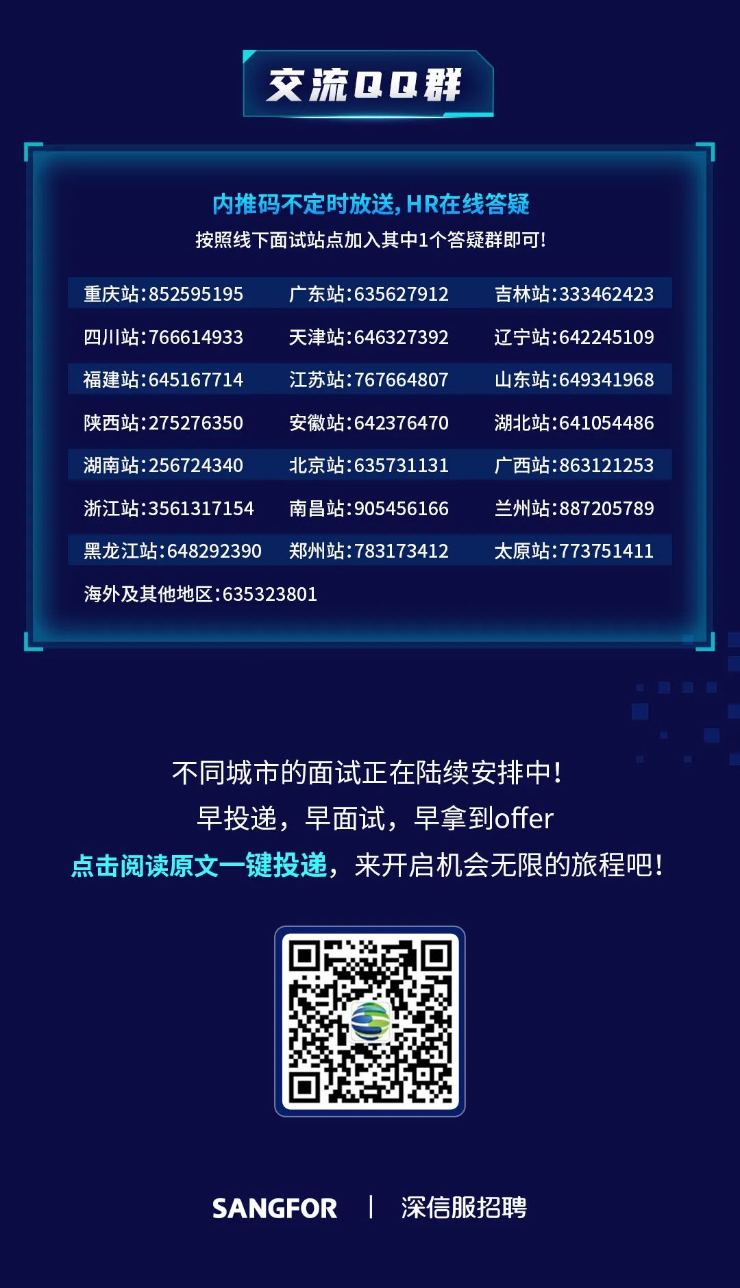 <p>交流QQ群</p>
<p>内推码不定时放送，HR在线答疑<br/>按照线下面试站点加入其中1个答疑群即可!</p>
<p>重庆站:852595195</p>
<p>广东站:635627912</p>
<p>吉林站:333462423</p>
<p>四川站:766614933</p>
<p>天津站:646327392</p>
<p>辽宁站:642245109</p>
<p>福建站:645167714</p>
<p>江苏站:767664807</p>
<p>山东站:649341968</p>
<p>陕西站:275276350</p>
<p>安徽站:642376470</p>
<p>湖北站:641054486</p>
<p>湖南站:256724340</p>
<p>北京站:635731131</p>
<p>广西站:863121253</p>
<p>浙江站:3561317154 南昌站:905456166 兰州站:887205789<br/>黑龙江站:648292390</p>
<p>郑州站:783173412</p>
<p>太原站:773751411</p>
<p>海外及其他地区:635323801</p>
<p>不同城市的面试正在陆续安排中!</p>
<p>早投递，早面试，早拿到offer</p>
<p>点击阅读原文一键投递，来开启机会无限的旅程吧!</p>
<p>SANGFOR</p>
<p>深信服招聘</p>
