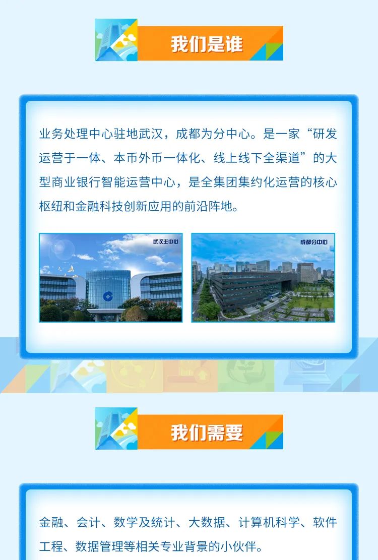 <p>我们是谁</p>
<p>业务处理中心驻地武汉,成都为分中心。是一家“研发</p>
<p>运营于一体、本币外币一体化、线上线下全渠道”的大</p>
<p>型商业银行智能运营中心,是全集团集约化运营的核心</p>
<p>枢纽和金融科技创新应用的前沿阵地。</p>

<table>
<tr><td colspan="2">2 武汉主中心文A0</td>
<td>成部分中心行上上 A</td>
</tr>
<tr><td colspan="3"></td>
</tr>
<tr><td></td>
<td colspan="2"></td>
</tr>
<tr><td colspan="3">我们需要</td>
</tr>
<tr><td colspan="3">金融、会计、数学及统计、大数据、计算机科学、软件工程、数据管理等相关专业背景的小伙伴。</td>
</tr>
</table>
