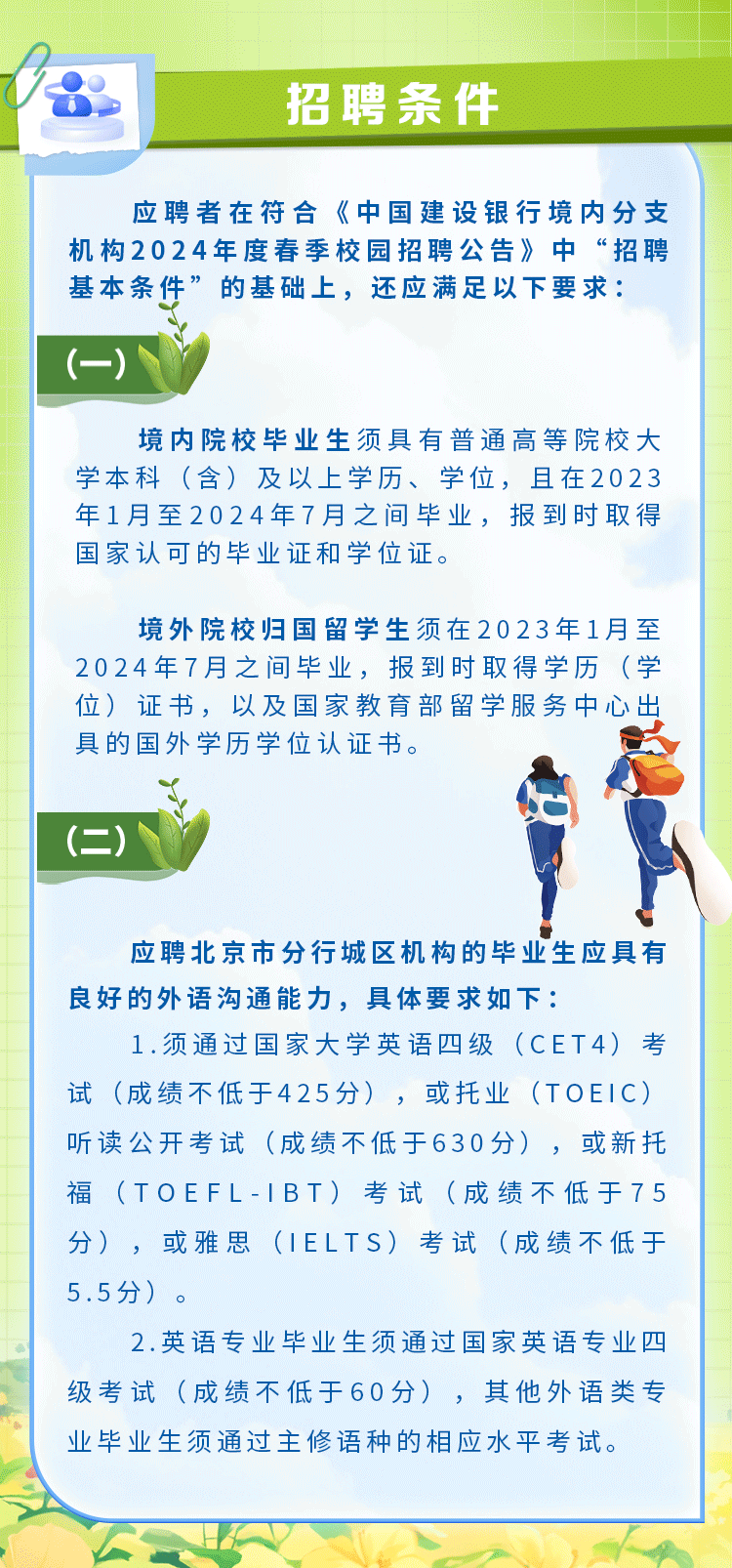 <p>招聘条件</p>
<p>应聘者在符合《中国建设银行境内分支</p>
<p>机构2024年度春季校园招聘公告》中&ldquo;招聘</p>
<p>基本条件&rdquo;的基础上,还应满足以下要求:</p>
<p>(一)</p>
<p>境内院校毕业生须具有普通高等院校大</p>
<p>学本科(含)及以上学历、学位,且在2023</p>
<p>年1月至2024年7月之间毕业,报到时取得</p>
<p>国家认可的毕业证和学位证。</p>
<p>境外院校归国留学生须在2023年1月至</p>
<p>2024年7月之间毕业,报到时取得学历(学</p>
<p>位)证书,以及国家教育部留学服务中心出</p>
<p>具的国外学历学位认证书。</p>
<p>(二)</p>
<p>应聘北京市分行城区机构的毕业生应具有</p>
<p>良好的外语沟通能力,具体要求如下:</p>
<p>1.须通过国家大学英语四级(CET4)考</p>
<p>试(成绩不低于425分),或托业(TOEIC)</p>
<p>听读公开考试(成绩不低于630分),或新托</p>
<p>福(TOEFL-IBT)考试(成绩不低于75</p>
<p>分),或雅思(IELTS)考试(成绩不低于</p>
<p>5.5分)。</p>
<p>2.英语专业毕业生须通过国家英语专业四</p>
<p>级考试(成绩不低于60分),其他外语类专</p>
<p>业毕业生须通过主修语种的相应水平考试。</p>
