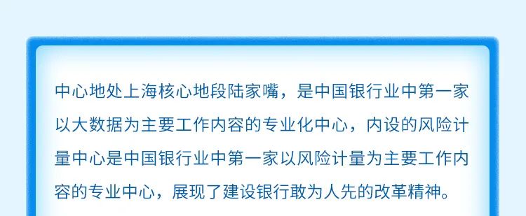<p>中心地处上海核心地段陆家嘴，是中国银行业中第一家<br/>以大数据为主要工作内容的专业化中心，内设的风险计<br/>量中心是中国银行业中第一家以风险计量为主要工作内<br/>容的专业中心，展现了建设银行敢为人先的改革精神。</p>
