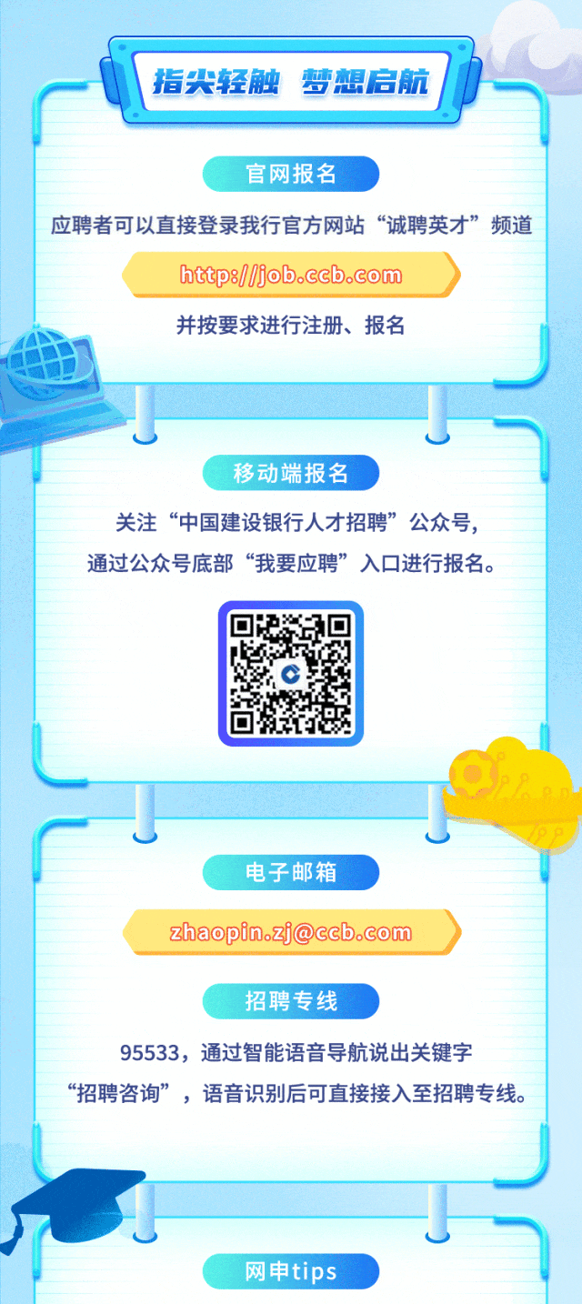 <p>指尖轻触 梦想启航</p>
<p>网申tips</p>

<table>
<tr><td colspan="3">官网报名应聘者可以直接登录我行官方网站“诚聘英才”频道http:/Jjob.ccb.com并按要求进行注册、报名面\'</td>
</tr>
<tr><td></td>
<td></td>
<td></td>
</tr>
<tr><td colspan="3">"s S移动端报名关注“中国建设银行人才招聘”公众号,通过公众号底部“我要应聘”入☐进行报名。</td>
</tr>
<tr><td></td>
<td></td>
<td></td>
</tr>
<tr><td></td>
<td colspan="2">。</td>
</tr>
<tr><td colspan="3">电子邮箱zhaopin.zj@ccb.com招聘专线95533,通过智能语音导航说出关键字“招聘咨询”,语音识别后可直接接入至招聘专线。</td>
</tr>
<tr><td></td>
<td></td>
<td></td>
</tr>
</table>
