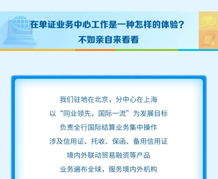 <p>在单证业务中心工作是一种怎样的体验?</p>
<p>不如亲自来看看</p>
<p>我们驻地在北京，分中心在上海<br/>以“同业领先，国际一流”为发展目标</p>
<p>负责全行国际结算业务集中操作<br/>涉及信用证、托收、保函、备用信用证<br/>境内外联动贸易融资等产品</p>
<p>业务遍布全球，服务境内外机构</p>

