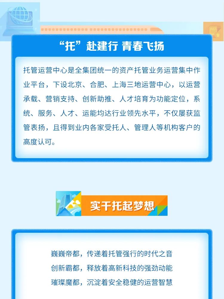 <p>SEOBOOOOOOOOOOOOU00000000 </p>
<p>“托”赴建行青春飞扬</p>

<table>
<tr><td>托管运营中心是全集团统一的资产托管业务运营集中作业平台,下设北京、合肥、上海三地运营中心,以运营承载、营销支持、创新助推、人才培育为功能定位,系统、服务、人才、运能均达行业领先水平,不仅屡获监管表扬,且得到业内各家受托人、管理人等机构客户的高度认可。</td>
</tr>
<tr><td>实于托起梦想</td>
</tr>
<tr><td>巍巍帝都,传递着托管强行的时代之音创新霸都,释放着高新科技的强劲动能璀璨魔都,沉淀着安全稳健的运营智慧</td>
</tr>
</table>
