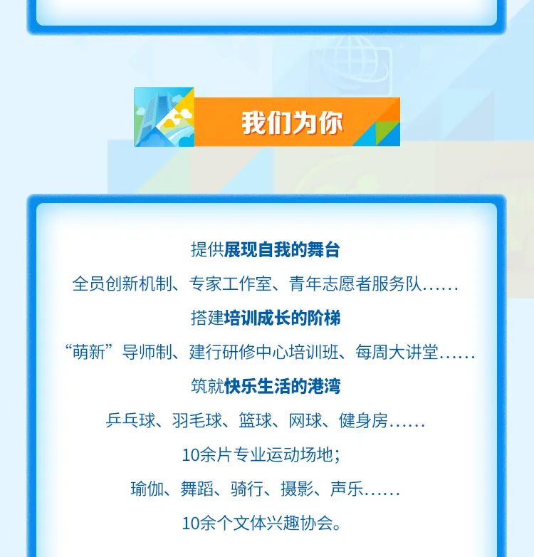 <p>我们为你</p>
<p>提供展现自我的舞台</p>
<p>全员创新机制、专家工作室、青年志愿者服务队</p>
<p>搭建培训成长的阶梯</p>
<p>“萌新”导师制、建行研修中心培训班、每周大讲堂</p>
<p>筑就快乐生活的港湾</p>
<p>乒乓球、羽毛球、篮球、网球、健身房.</p>
<p>10余片专业运动场地;</p>
<p>瑜伽、舞蹈、骑行、摄影、声乐</p>
<p>10余个文体兴趣协会。</p>
