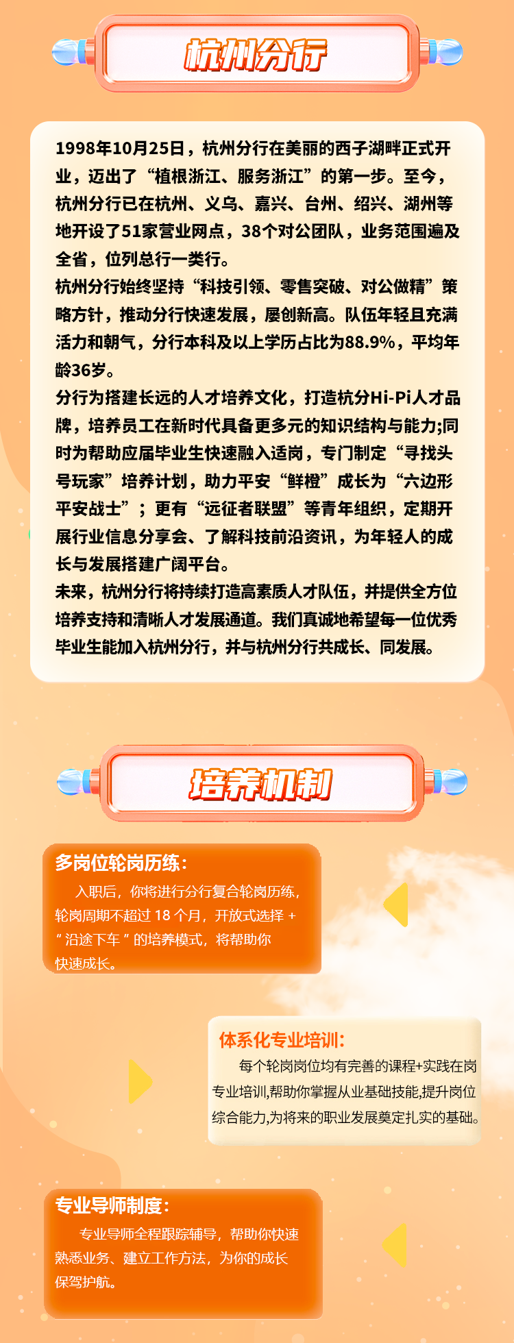 <p>H杭州分行D</p>
<p>1998年10月25日,杭州分行在美丽的西子湖畔正式开</p>
<p>业,迈出了“植根浙江、服务浙江”的第一-步。至今,</p>
<p>杭州分行已在杭州、义乌、嘉兴、台州、绍兴、湖州等</p>
<p>地开设了51家营业网点,38个对公团队,业务范围遍及</p>
<p>全省,位列总行一-类行。</p>
<p>杭州分行始终坚持“科技引领、零售突破、对公做精”策</p>
<p>略方针,推动分行快速发展,屡创新高。队伍年轻且充满</p>
<p>活力和朝气,分行本科及以上学历占比为88.9%,平均年</p>
<p>龄36岁。</p>
<p>分行为搭建长远的人才培养文化,打造杭分Hi-Pi人才品</p>
<p>牌,培养员工在新时代具备更多元的知识结构与能力;同</p>
<p>时为帮助应届毕业生快速融入适岗,专门制定“寻找头</p>
<p>号玩家”培养计划,助力平安“鲜橙”成长为“六边形</p>
<p>平安战士”;更有“远征者联盟”等青年组织,定期开</p>
<p>展行业信息分享会、了解科技前沿资讯,为年轻人的成</p>
<p>长与发展搭建广阔平台。</p>
<p>未来,杭州分行将持续打造高素质人才队伍,并提供全方位</p>
<p>培养支持和清晰人才发展通道。我们真诚地希望每一位优秀</p>
<p>毕业生能加入杭州分行,并与杭州分行共成长、同发展。</p>
<p>培养机制</p>
<p>多岗位轮岗历练:</p>
<p>入职后,你将进行分行复合轮岗历练,</p>
<p>轮岗周期不超过18个月,开放式选择+</p>
<p>”沿途下车”的培养模式,将帮助你</p>
<p>快速成长。</p>
<p>体系化专业培训:</p>
<p>每个轮岗岗位均有完善的课程+实践在岗</p>
<p>专业培训,帮助你掌握从业基础技能提升岗位</p>
<p>综合能力,为将来的职业发展奠定扎实的基础。</p>
<p>专业导师制度:</p>
<p>专业导师全程跟踪辅导,帮助你快速</p>
<p>熟悉业务、建立工作方法,为你的成长</p>
<p>保驾护航。</p>
