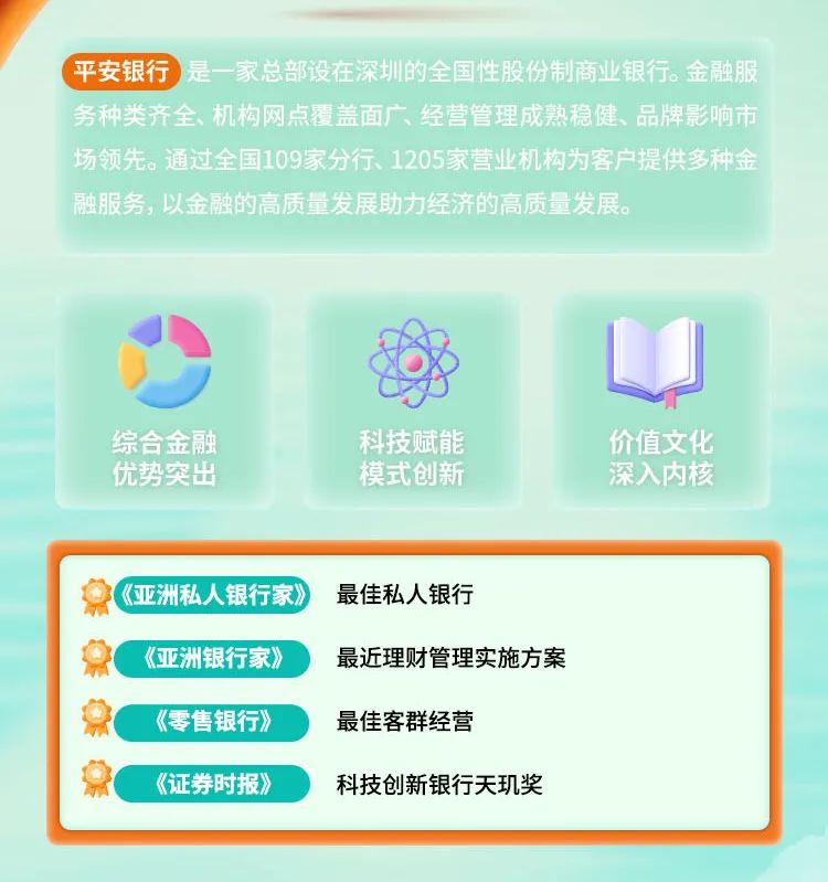 <p>平安银行是一家总部设在深圳的全国性股份制商业银行。金融服<br/>务种类齐全、机构网点覆盖面广、经营管理成熟稳健、品牌影响市<br/>场领先。通过全国109家分行、1205家营业机构为客户提供多种金<br/>融服务，以金融的高质量发展助力经济的高质量发展。</p>
<p>综合金融<br/>优势突出</p>
<p>科技赋能<br/>模式创新</p>
<p>价值文化<br/>深入内核</p>
<p>《亚洲私人银行家》<br/>《亚洲银行家》<br/>《零售银行》<br/>《证券时报》</p>
<p>最佳私人银行</p>
<p>最近理财管理实施方案<br/>最佳客群经营</p>
<p>科技创新银行天玑奖</p>
