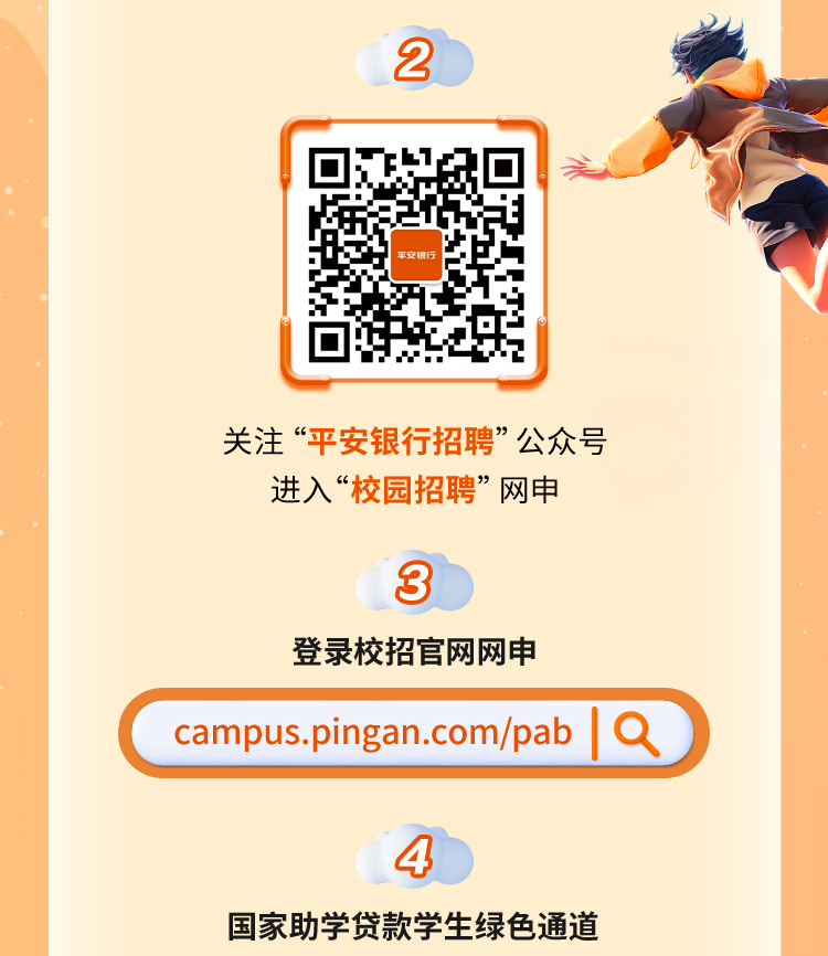 <p>2</p>
<p>平安银行</p>
<p>关注“平安银行招聘”公众号</p>
<p>进入“校园招聘”网申</p>
<p>3</p>
<p>登录校招官网网申</p>
<p>campus.pingan.com/pab9</p>
<p>4</p>
<p>国家助学贷款学生绿色通道</p>
