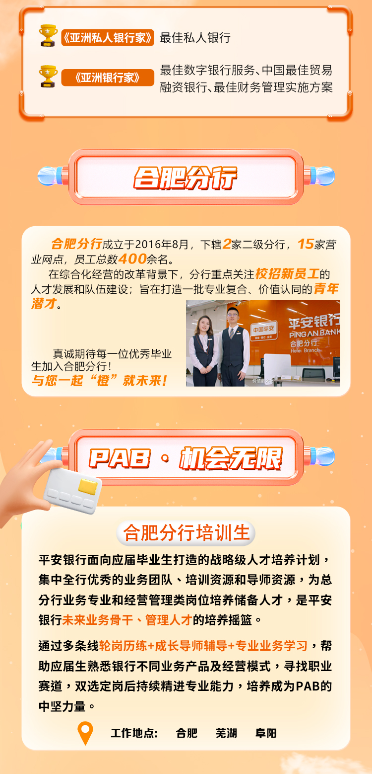 <p>2《亚洲私人银行家》最佳私人银行</p>
<p>g《亚洲银行家》最佳数字银行服务、中国最佳贸易</p>
<p>融资银行、最佳财 务管理实施方案</p>
<p>合肥分行</p>
<p>合肥分行成立于2016年8月,下辖2家二级分行,15家营</p>
<p>业网点,员工总数400余名。</p>
<p>在综合化经营的改革背景下,分行重点关注校招新员工的</p>
<p>人才发展和队伍建设;旨在打造一批专业复合、价值认同的青年</p>
<p>潜才。</p>
<p>平安银行</p>
<p>中国平安PINGANBANK</p>
<p>真诚期待每一位优秀毕业合肥分行Helel Branch</p>
<p>生加入合肥分行!</p>
<p>与您一起“橙”就未来!</p>
<p>I PAE。机会无限</p>
<p>合肥分行培训生</p>
<p>平安银行面向应届毕业生打造的战略级人才培养计划,</p>
<p>集中全行优秀的业务团队、培训资源和导师资源,为总</p>
<p>分行业务专业和经营管理类岗位培养储备人才,是平安</p>
<p>银行未来业务骨干、管理人才的培养摇篮。</p>
<p>通过多条线轮岗历练+成长导师辅导+专业业务学习,帮</p>
<p>助应届生熟悉银行不同业务产品及经营模式,寻找职业</p>
<p>赛道,双选定岗后持续精进专业能力,培养成为PAB的</p>
<p>中坚力量。</p>
<p>9工作地点:合肥芜湖阜阳</p>
