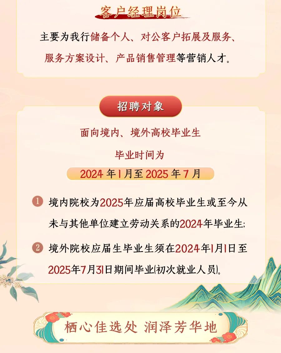 <p>客户经理岗位</p>
<p>主要为我行储备个人、对公客户拓展及服务<br/>服务方案设计、产品销售管理等营销人才。</p>
<p>招聘对象</p>
<p>面向境内、境外高校毕业生</p>
<p>毕业时间为</p>
<p>2024年1月至2025年7月</p>
<p>境内院校为2025年应届高校毕业生或至今从<br/>未与其他单位建立劳动关系的2024年毕业生;<br/>境外院校应届生毕业生须在2024年1月I日至<br/>2025年7月31日期间毕业(初次就业人员)。</p>
<p>栖心佳选处润泽芳华地</p>
