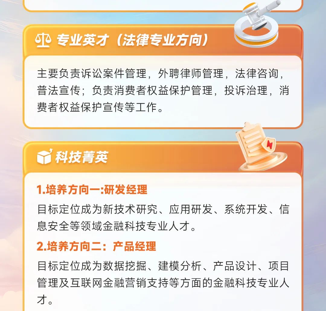 <p>中专业英才(法律专业方向)</p>
<p>主要负责诉讼案件管理,外聘律师管理,法律咨询,</p>
<p>普法宣传,负责消费者权益保护管理,投诉治理,消</p>
<p>费者权益保护宣传等工作。</p>
<p>T科技菁英</p>
<p>1.培养方向一:研发经理</p>
<p>目标定位成为新技术研究、应用研发、系统开发、信</p>
<p>息安全等领域金融科技专业人才。</p>
<p>2.培养方向二:产品经理</p>
<p>目标定位成为数据挖掘、建模分析、产品设计、项目</p>
<p>管理及互联网金融营销支持等方面的金融科技专业人</p>
<p>才。</p>
