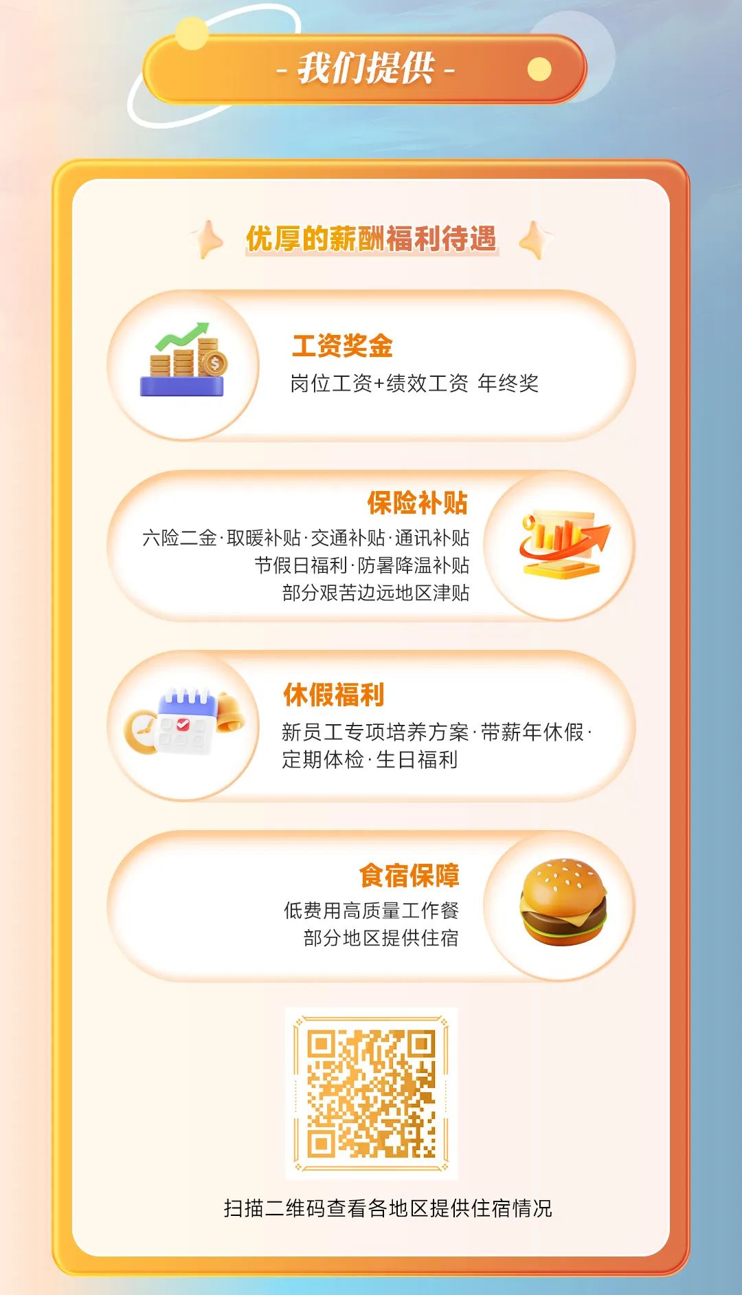 <p>我们提供- </p>
<p>优厚的薪酬福利待遇</p>
<p>工资奖金</p>
<p>岗位工资+绩效工资年终奖</p>
<p>保险补贴</p>
<p>六险二金取暖补贴.交通补贴通讯补贴</p>
<p>节假日福利.防暑降温补贴</p>
<p>部分艰苦边远地区津贴</p>
<p>uuUu i休假福利</p>
<p>新员工专项培养方案.带薪年休假.</p>
<p>定期体检生日福利</p>
<p>食宿保障</p>
<p>低费用高质量工作餐</p>
<p>部分地区提供住宿</p>
<p>扫描二维码查看各地区提供住宿情况</p>
