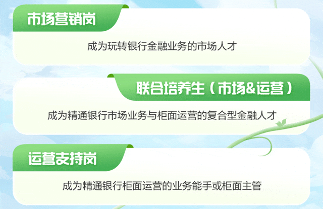 <p>市场营销岗</p>
<p>成为玩转银行金融业务的市场人才</p>
<p>联合培养生(市场&运营)</p>
<p>成为精通银行市场业务与柜面运营的复合型金融人才</p>
<p>运营支持岗</p>
<p>成为精通银行柜面运营的业务能手或柜面主管</p>
