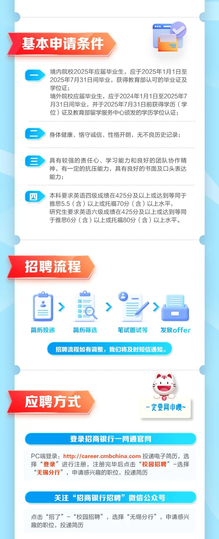 <p>点击“招了”-“校园招聘”,选择“无锡分行”,申请感兴</p>
<p>趣的职位,投递简历</p>

<table>
<tr><td>...一基本申请条件境内院校2025年应届毕业生,应于2025年1月1日至2025年7月31日间毕业,获得教育部认可的毕业证及学位证;境外院校应届毕业生,应于2024年1月1日至2025年7月31日间毕业,并于2025年7月31日前获得学历(学位)证及教育部留学服务中心颁发的学历学位认证;\' 二身体健康、恪守诚信、性格开朗,无不良历史记录;目 具有较强的责任心、学习能力和良好的团队协作精神,有一定的抗压能力,具有良好的书面及☐头表达能力;</td>
</tr>
<tr><td>四 本科要求英语四级成绩在425分及以上或达到等同于雅思5.5(含)以上或托福70分(含)以上水平,研究生要求英语六级成绩在425分及以上或达到等同于雅思6分(含)以上或托福80分(含)以上水平。</td>
</tr>
<tr><td>招聘流程》 最 》 事 昌简历投递 简历筛选 笔试面试等 发放offer招聘流程如有调整,我们将及时短信通知。</td>
</tr>
<tr><td> 应聘方式-定要网申噢~登录招商银行一网通官网</td>
</tr>
<tr><td>PC端登录: http://career .cmbchina.com投递电子简历,选择“登录”进行注册,注册完毕后点击“校园招聘”-选择“无锡分行”,申请感兴趣的职位,投递简历关注“招商银行招聘”微信公众号</td>
</tr>
</table>
